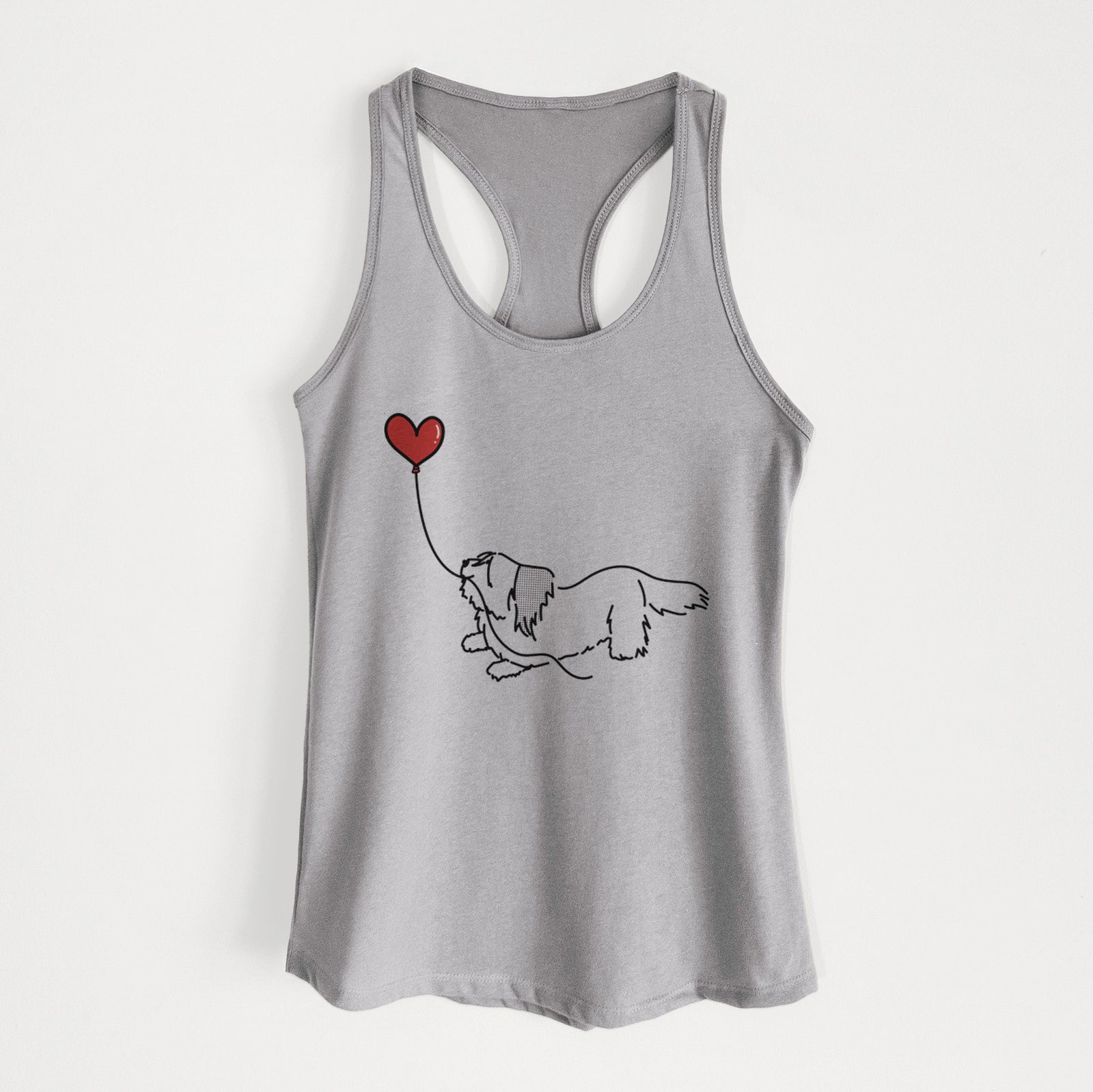 Minimalist line drawing of a Skye Terrier Heart String holding a heart balloon on a Heather Grey Women's racerback tanktop