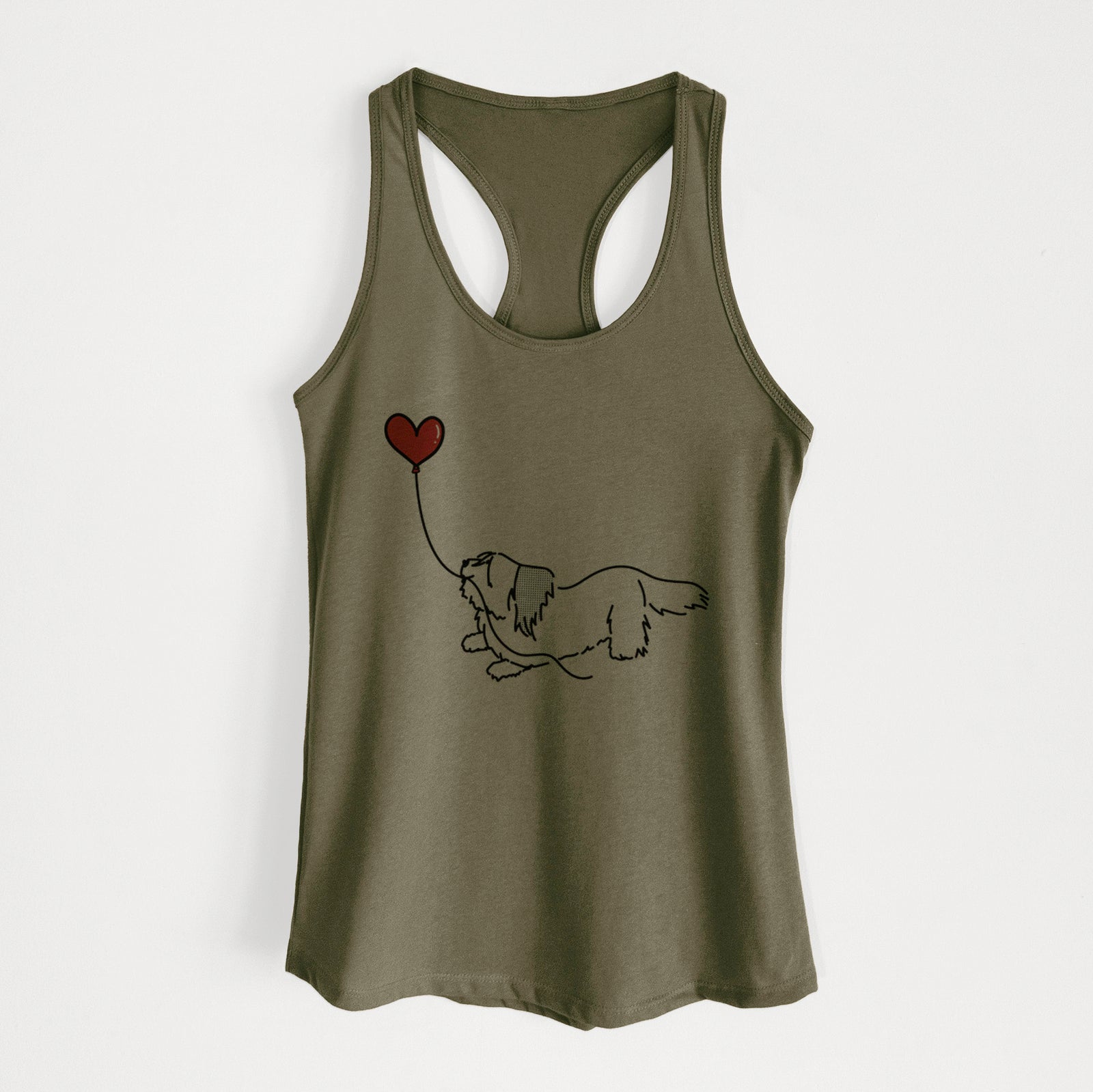 Minimalist line drawing of a Skye Terrier Heart String holding a heart balloon on a Military Green Women's racerback tanktop