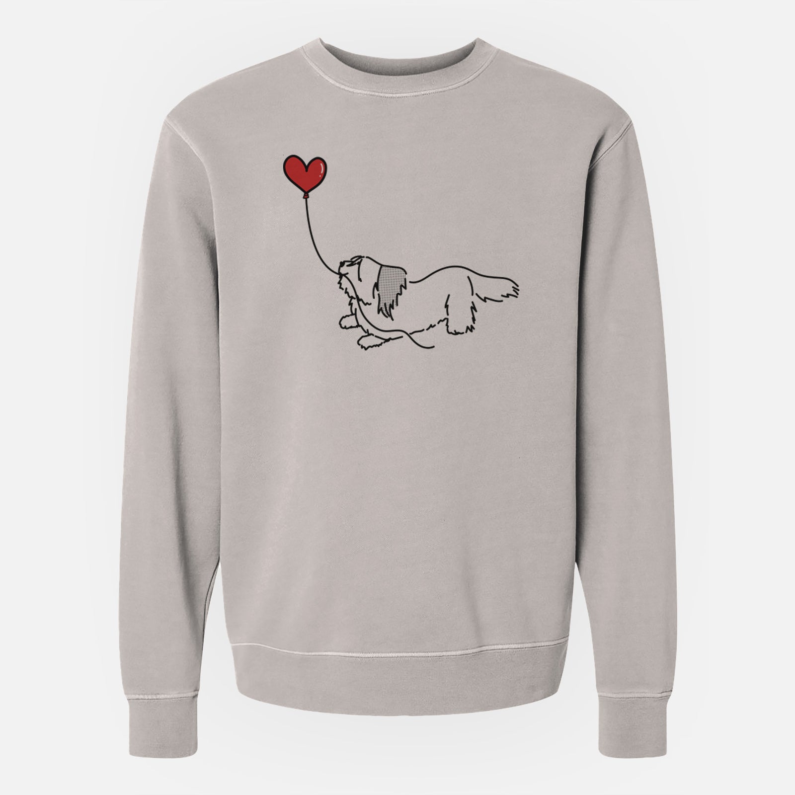 Minimalist line drawing of a Skye Terrier Heart String holding a heart balloon on a Cement Unisex pigment dyed crew sweatshirt