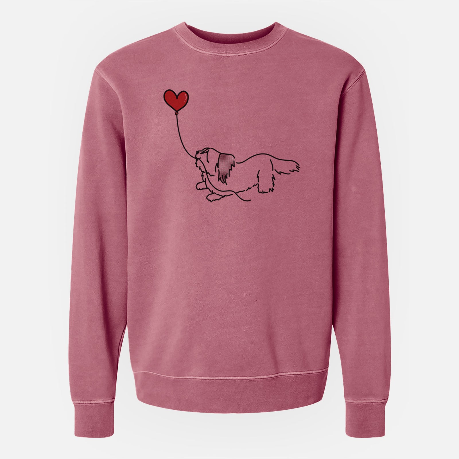 Minimalist line drawing of a Skye Terrier Heart String holding a heart balloon on a Maroon Unisex pigment dyed crew sweatshirt