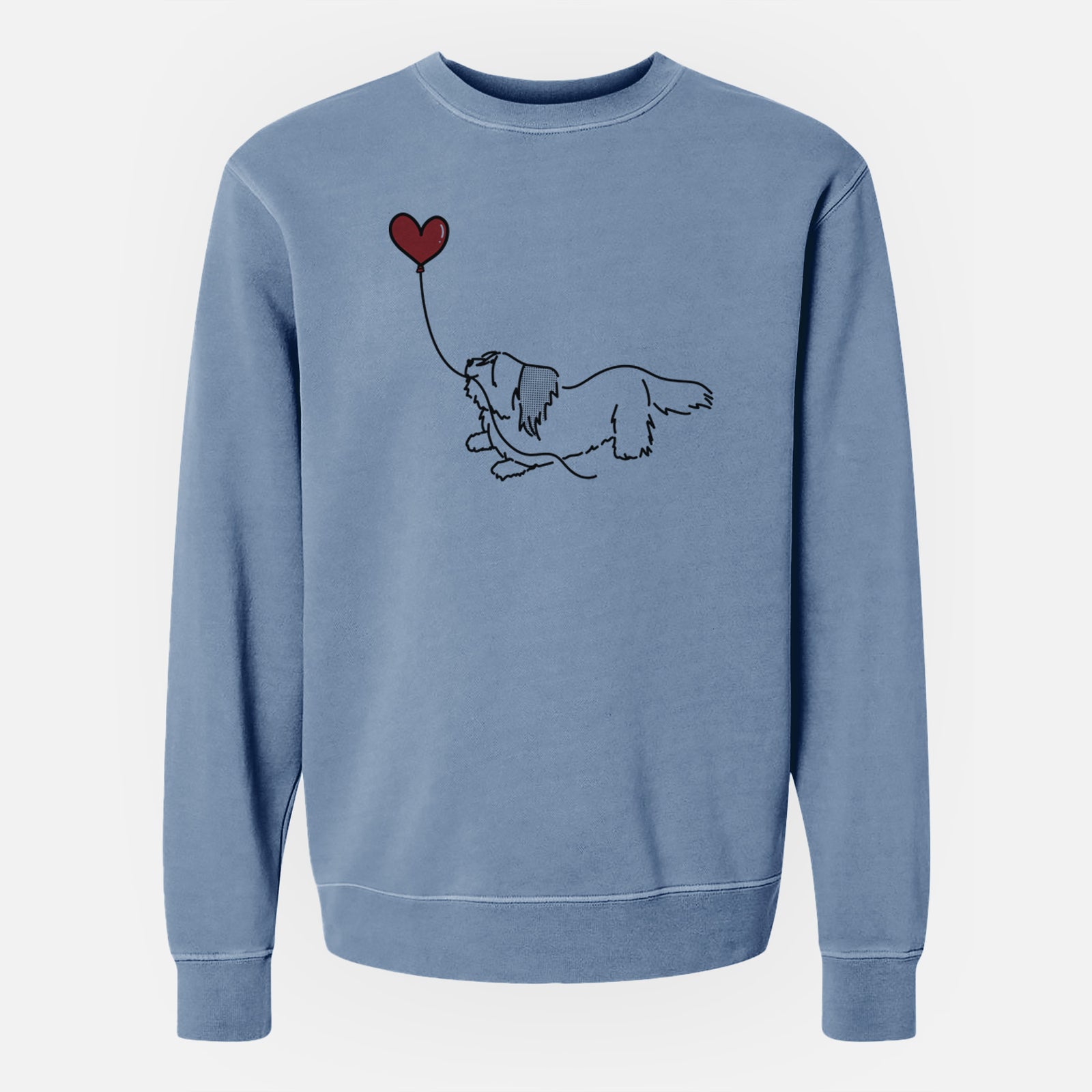 Minimalist line drawing of a Skye Terrier Heart String holding a heart balloon on a Slate Blue Unisex pigment dyed crew sweatshirt