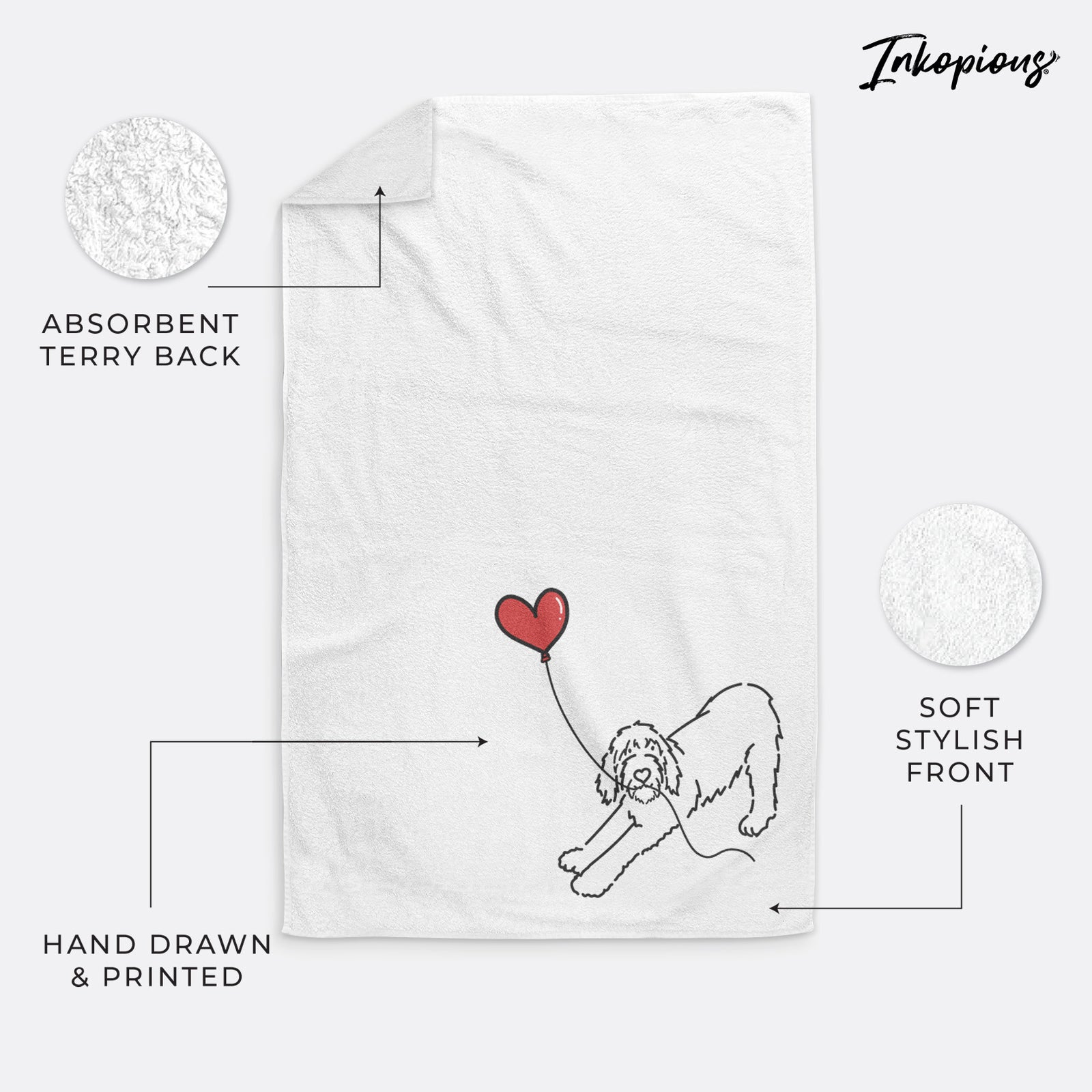 Minimalist line drawing of a Spinone Italiano Heart String holding a heart balloon on a decorative hand towel
