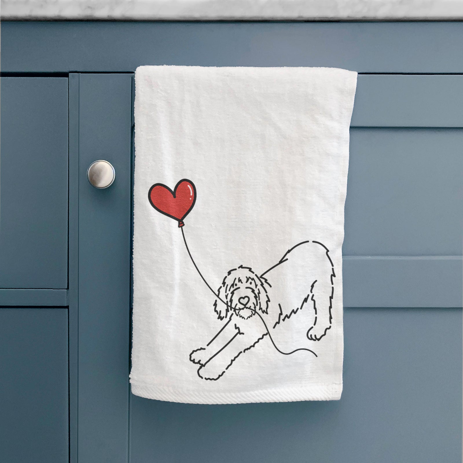 Minimalist line drawing of a Spinone Italiano Heart String holding a heart balloon on a decorative hand towel