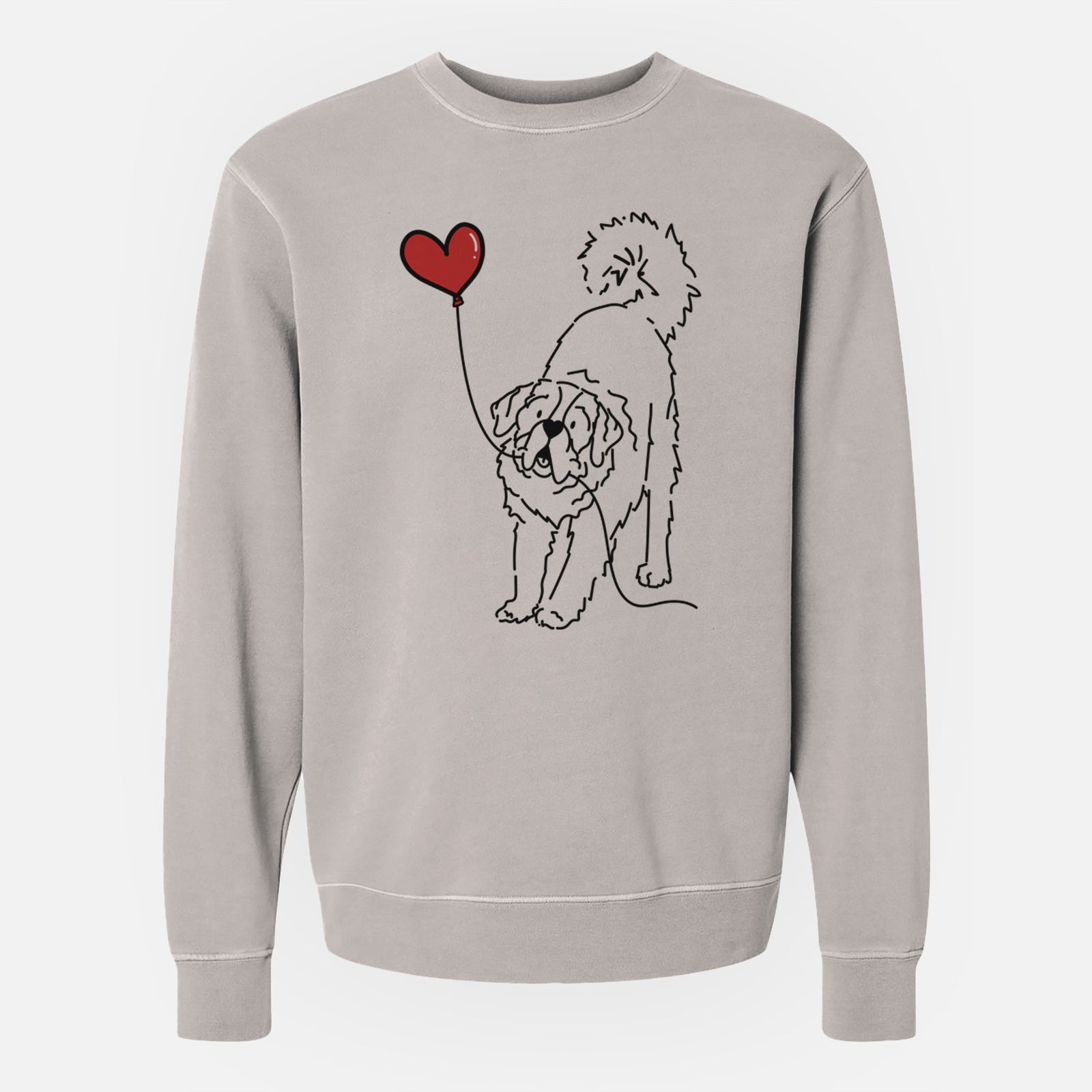 Minimalist line drawing of a Saint Bernard Heart String holding a heart balloon on a Cement Unisex pigment dyed crew sweatshirt