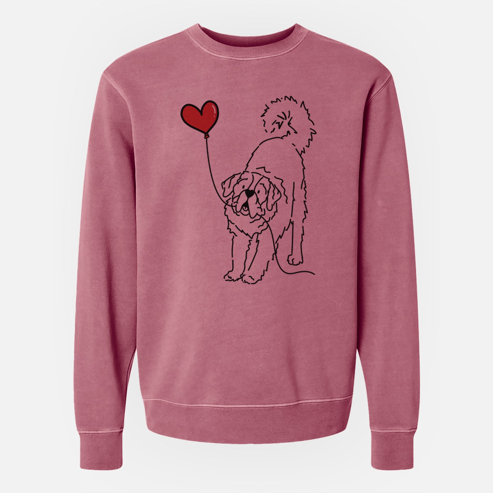 Minimalist line drawing of a Saint Bernard Heart String holding a heart balloon on a Maroon Unisex pigment dyed crew sweatshirt