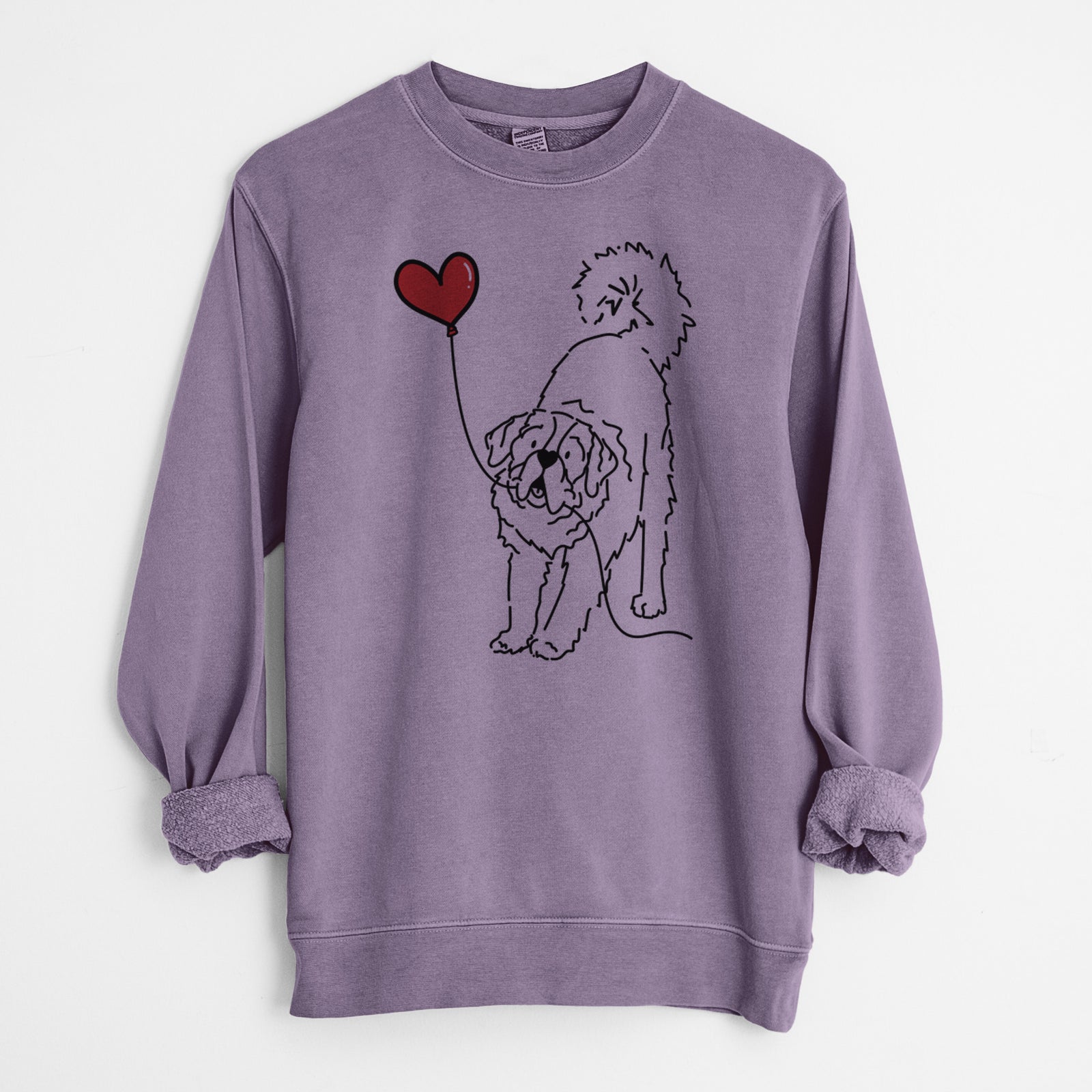 Minimalist line drawing of a Saint Bernard Heart String holding a heart balloon on a Plum Unisex pigment dyed crew sweatshirt