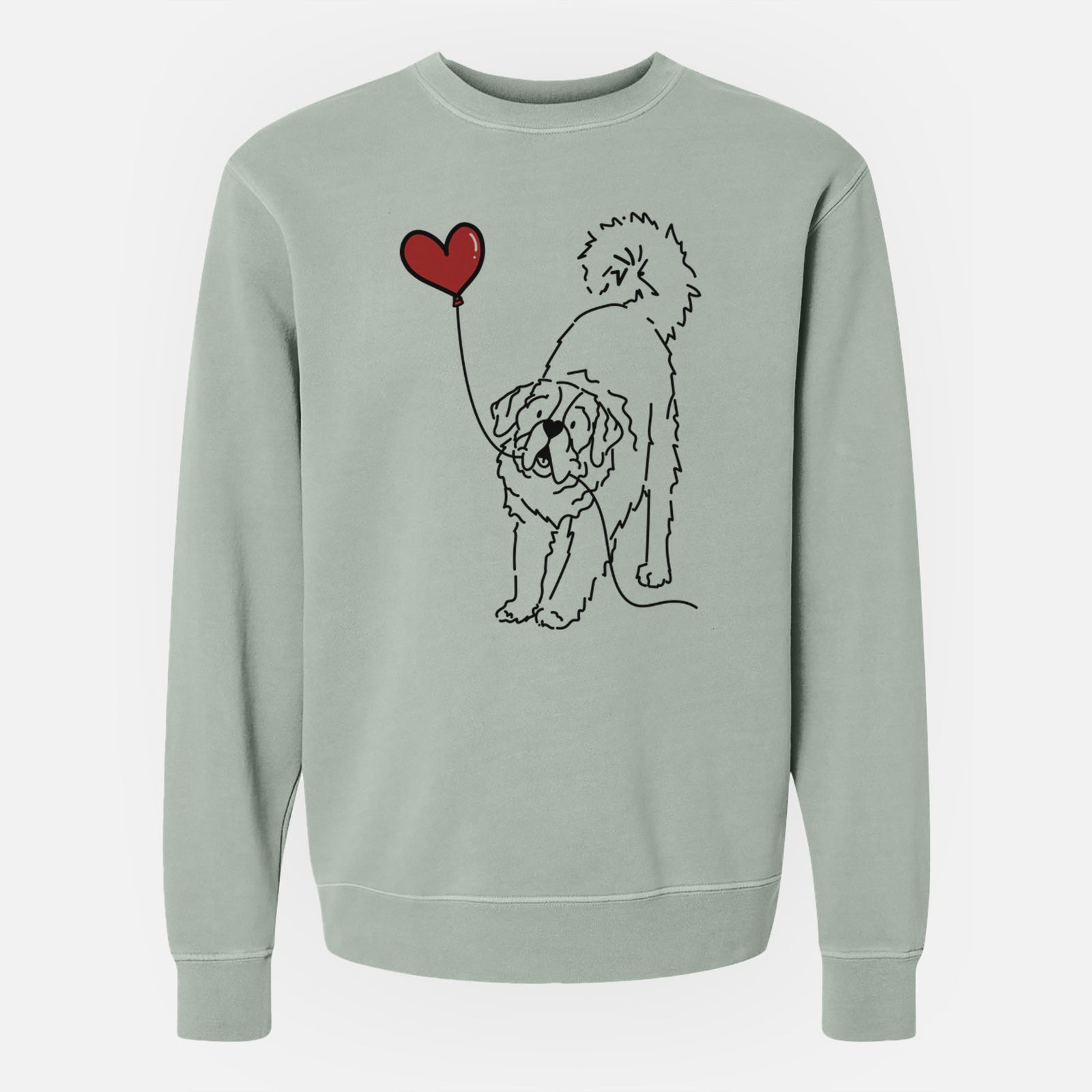 Minimalist line drawing of a Saint Bernard Heart String holding a heart balloon on a Sage Unisex pigment dyed crew sweatshirt