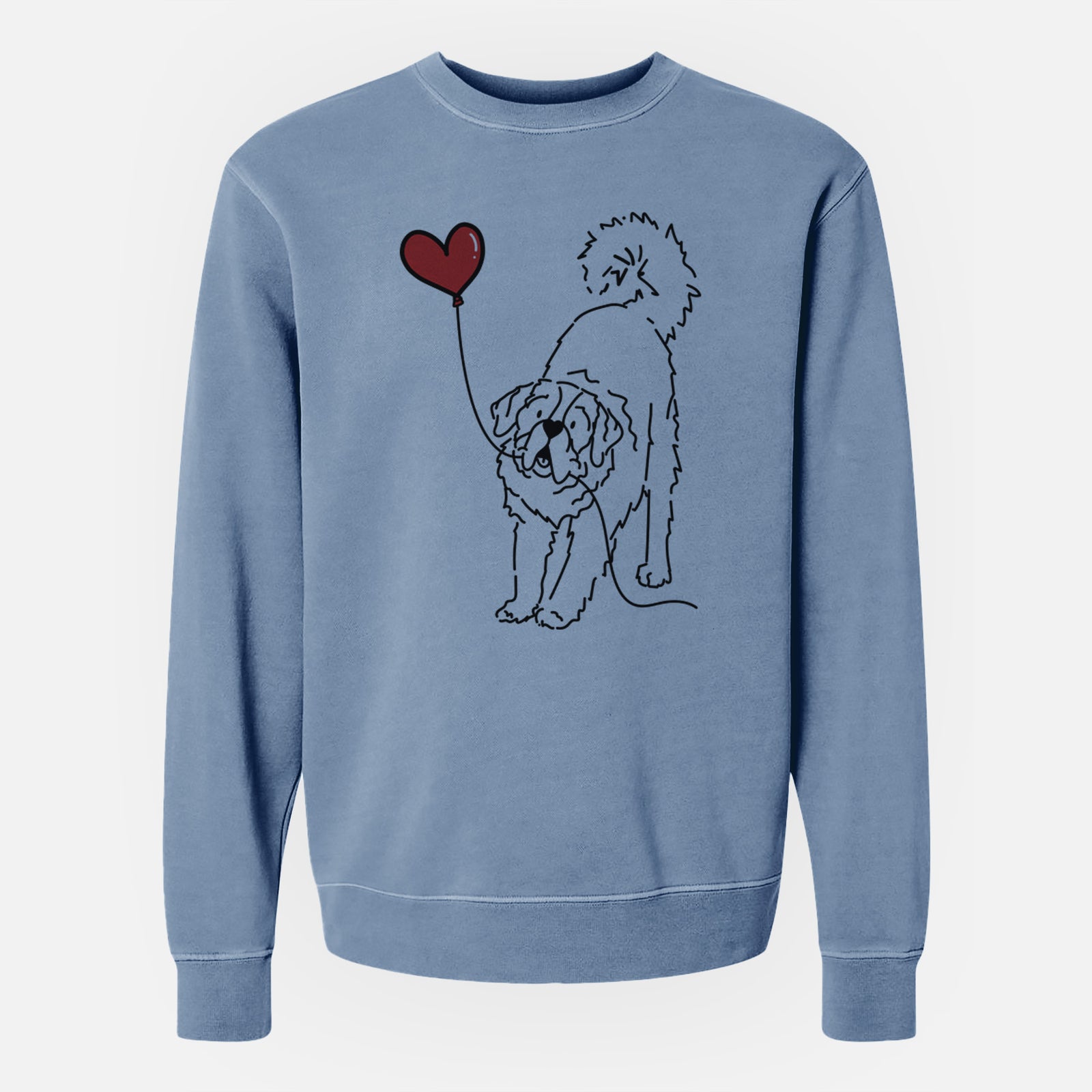 Minimalist line drawing of a Saint Bernard Heart String holding a heart balloon on a Slate Blue Unisex pigment dyed crew sweatshirt