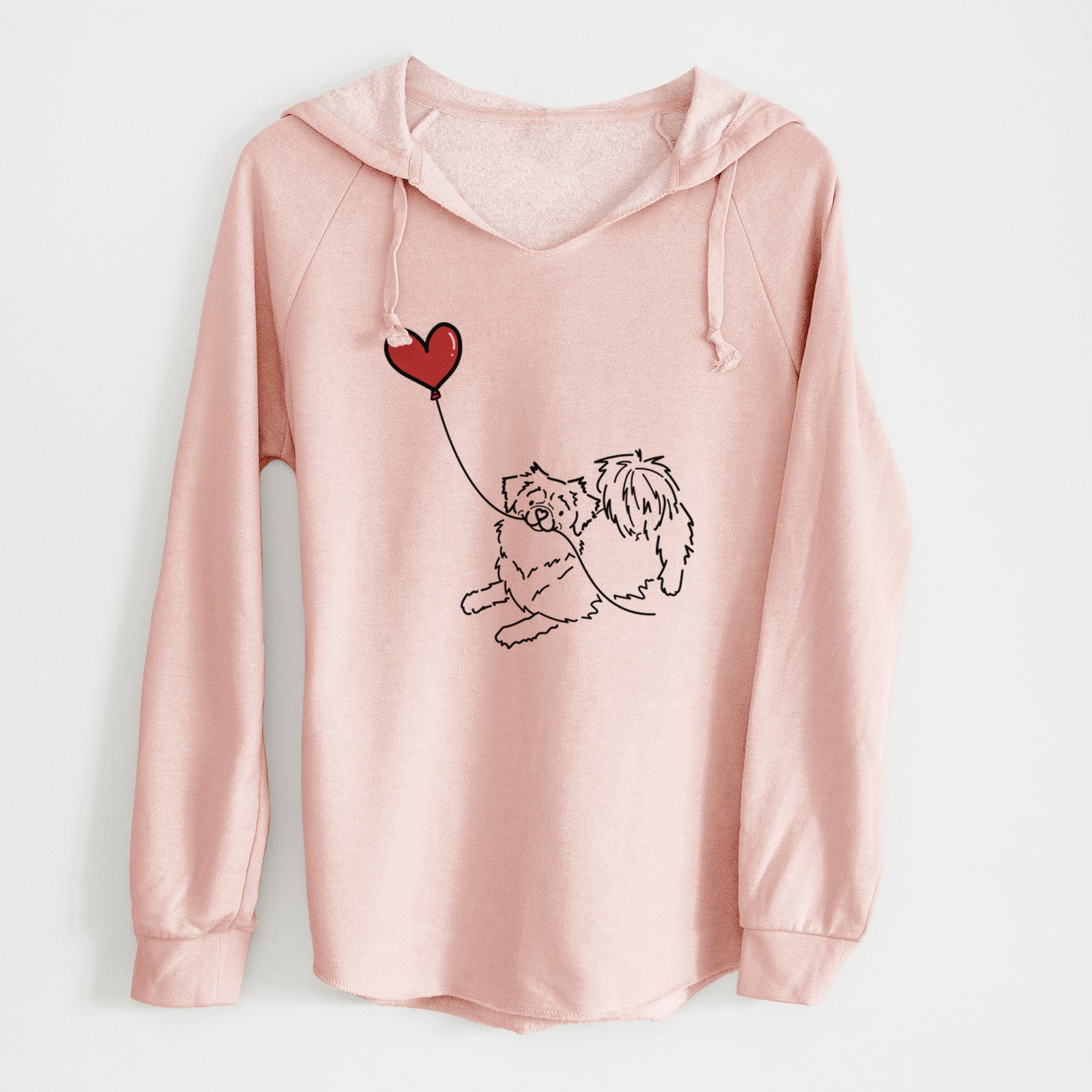 Minimalist line drawing of a Tibetan Spaniel Heart String holding a heart balloon on a Blush Cali Wave Hooded Sweatshirt