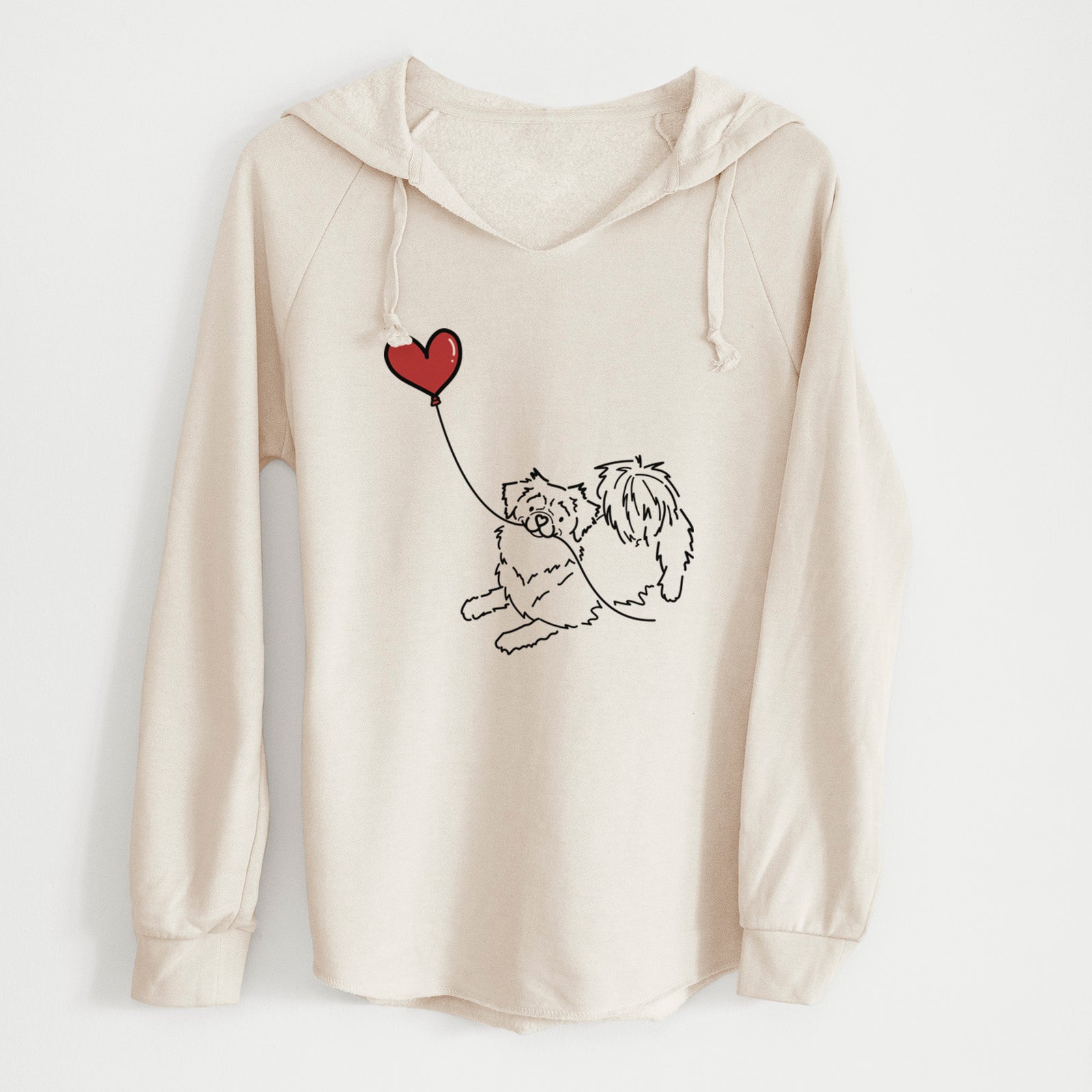 Minimalist line drawing of a Tibetan Spaniel Heart String holding a heart balloon on a Bone Cali Wave Hooded Sweatshirt