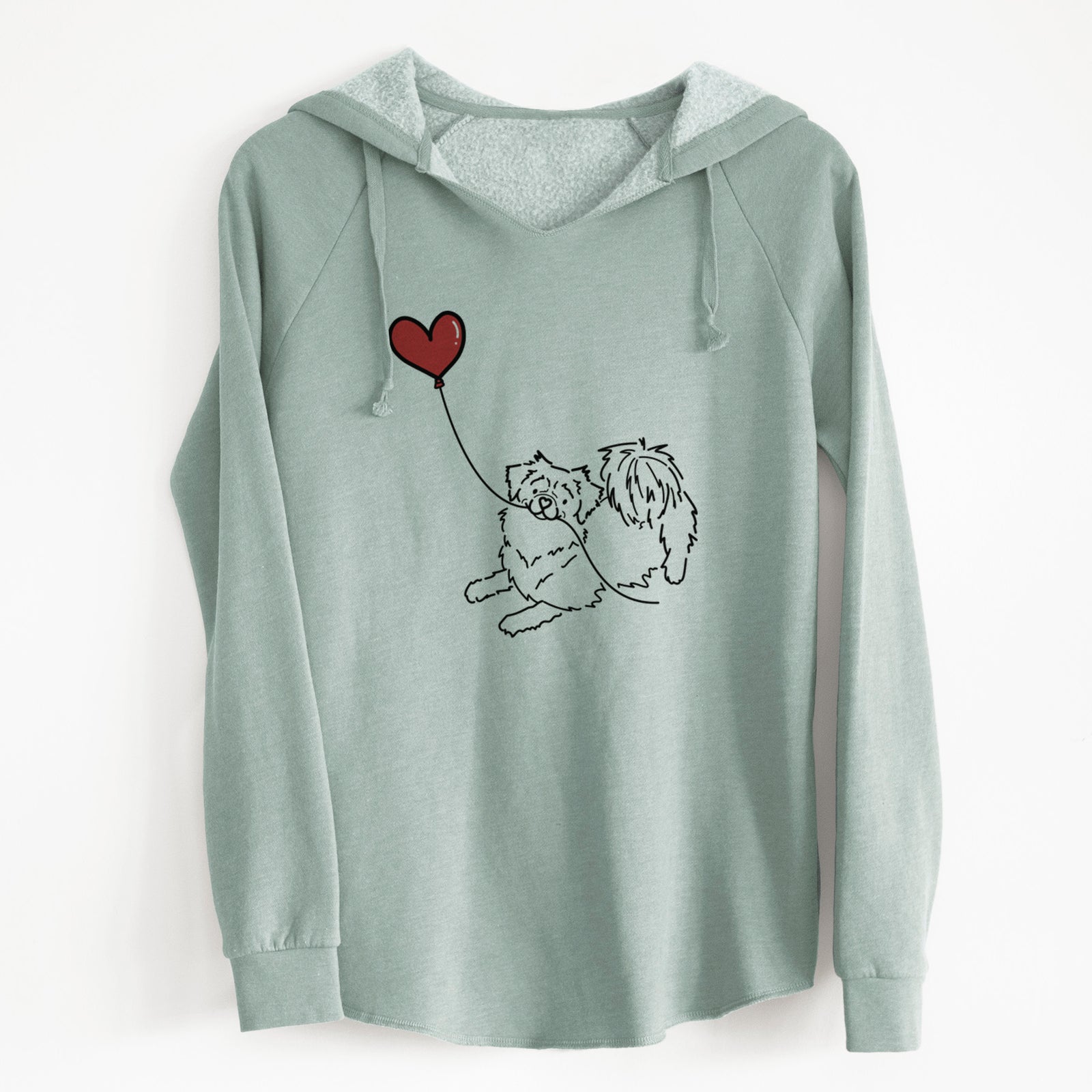 Minimalist line drawing of a Tibetan Spaniel Heart String holding a heart balloon on a Sage Cali Wave Hooded Sweatshirt