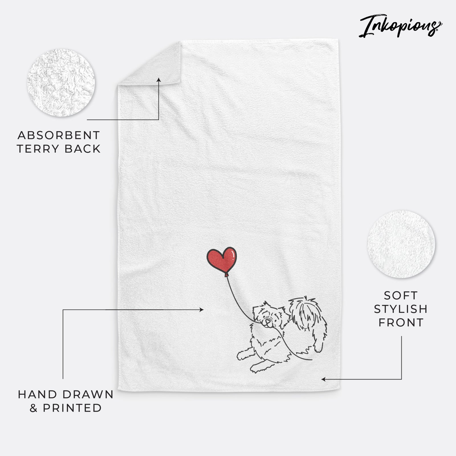 Minimalist line drawing of a Tibetan Spaniel Heart String holding a heart balloon on a decorative hand towel