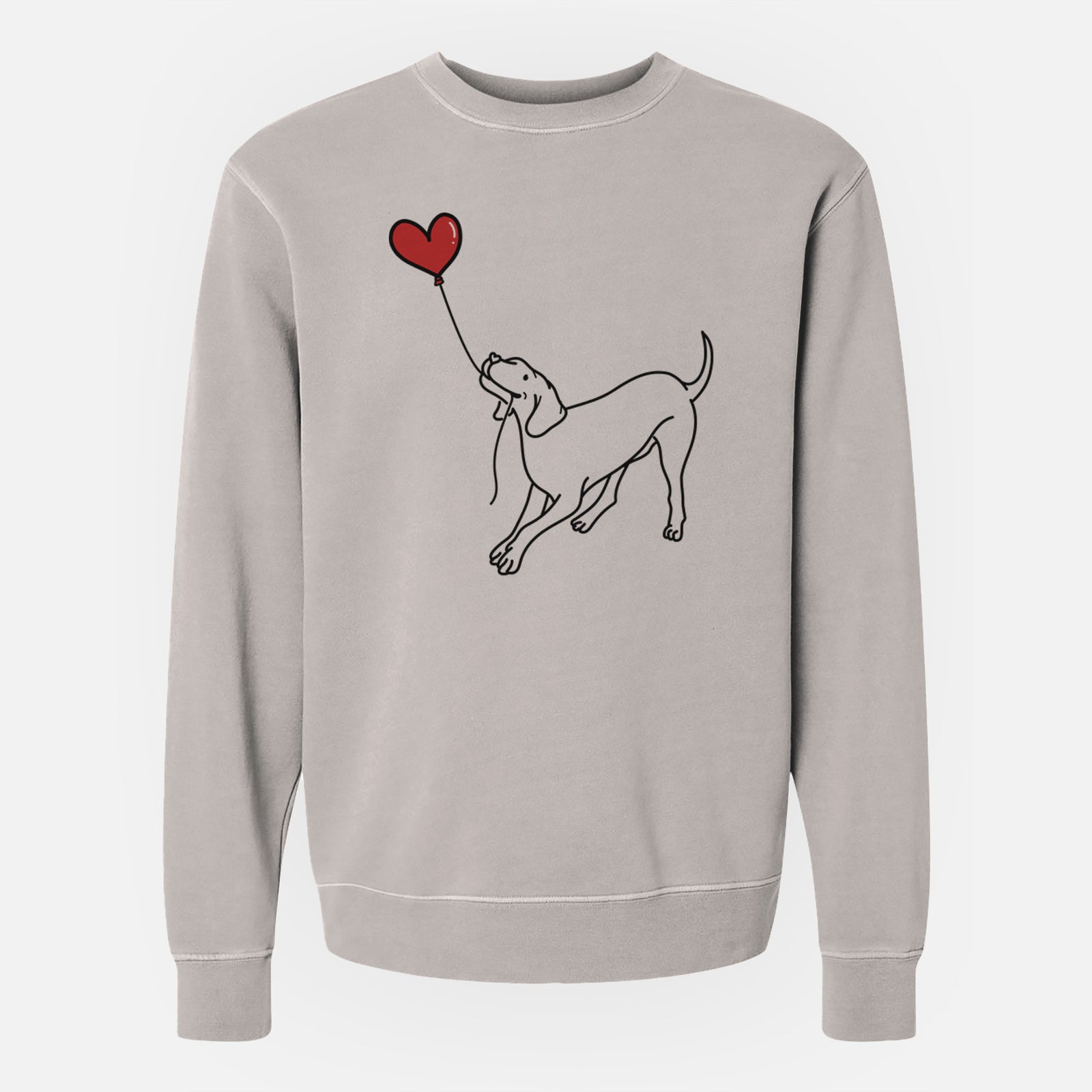 Minimalist line drawing of a Vizsla Heart String holding a heart balloon on a Cement Unisex pigment dyed crew sweatshirt