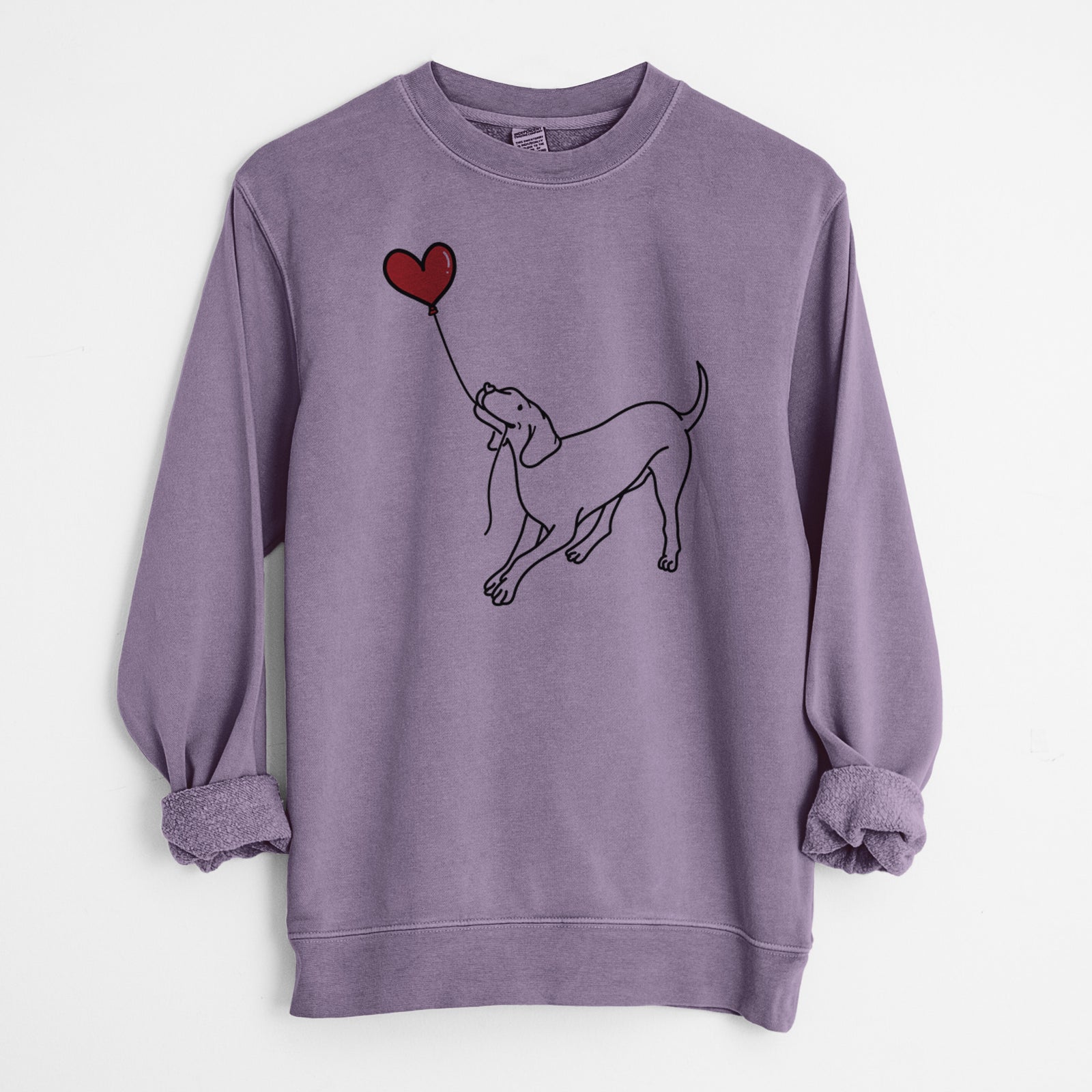 Minimalist line drawing of a Vizsla Heart String holding a heart balloon on a Plum Unisex pigment dyed crew sweatshirt