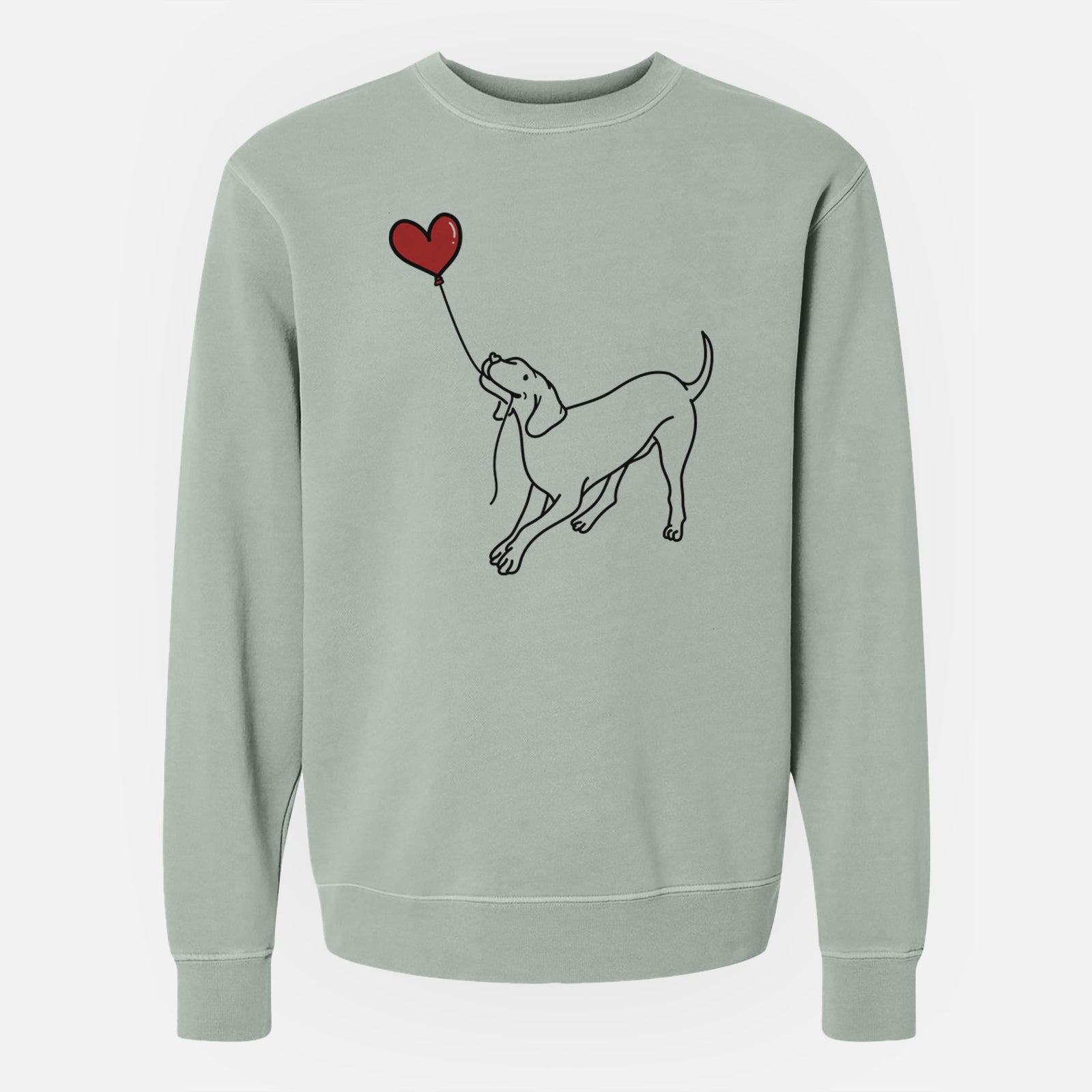 Minimalist line drawing of a Vizsla Heart String holding a heart balloon on a Sage Unisex pigment dyed crew sweatshirt