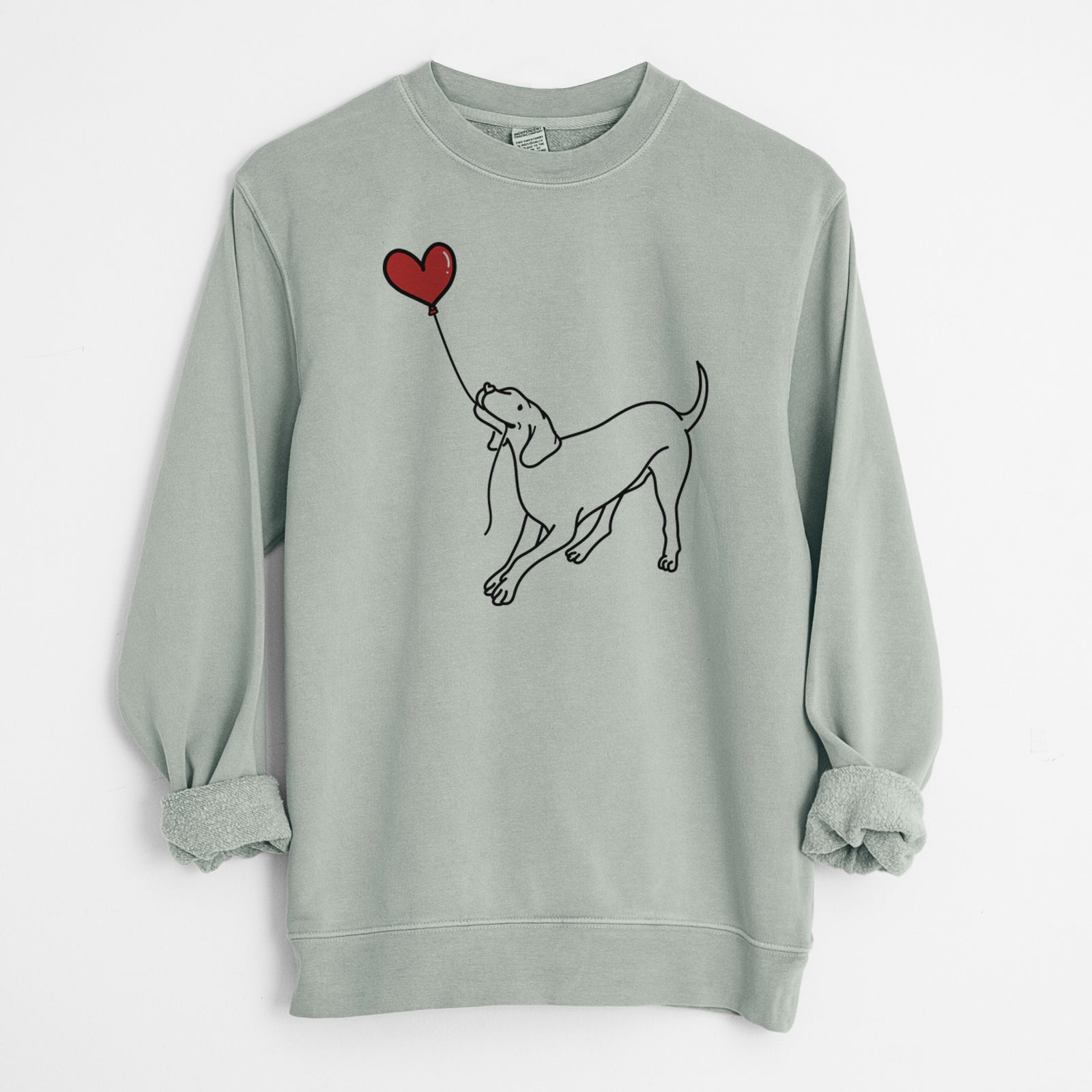 Minimalist line drawing of a Vizsla Heart String holding a heart balloon on a Sage Unisex pigment dyed crew sweatshirt