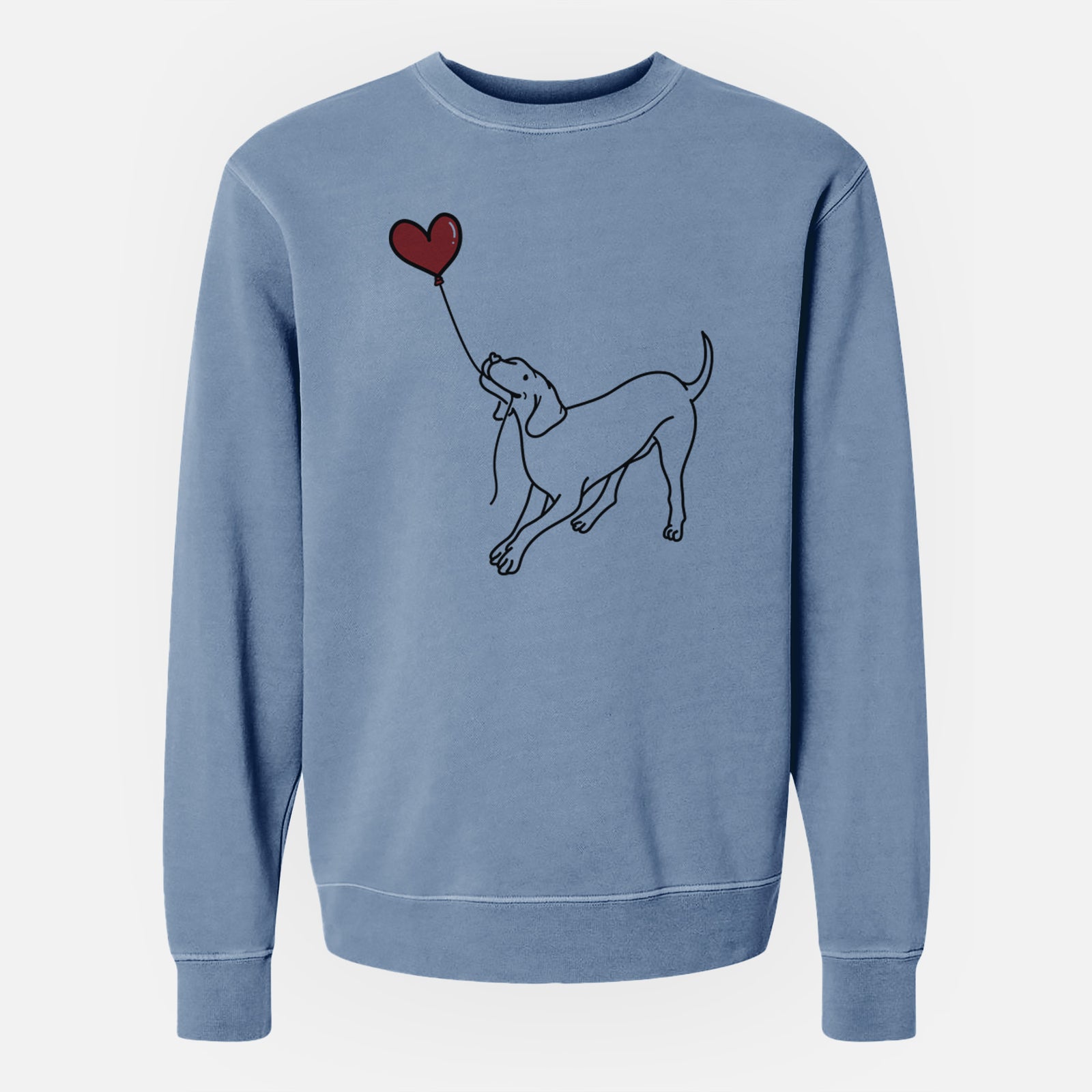 Minimalist line drawing of a Vizsla Heart String holding a heart balloon on a Slate Blue Unisex pigment dyed crew sweatshirt
