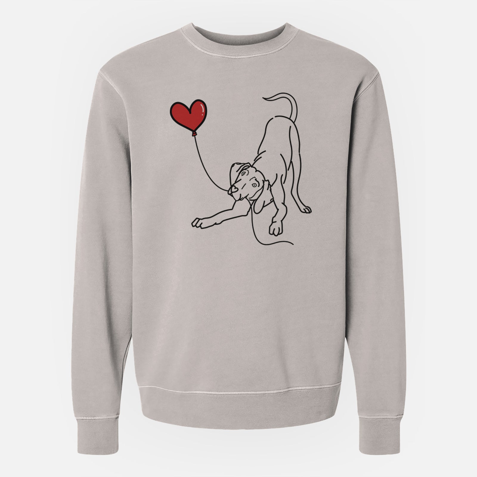 Minimalist line drawing of a Weimaraner Heart String holding a heart balloon on a Cement Unisex pigment dyed crew sweatshirt