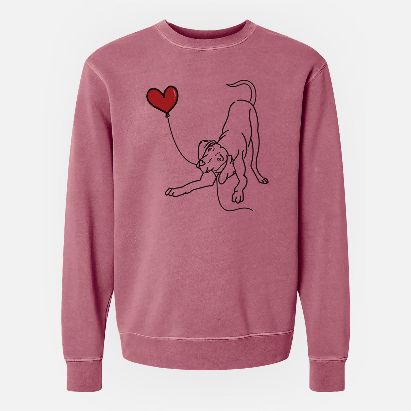 Minimalist line drawing of a Weimaraner Heart String holding a heart balloon on a Maroon Unisex pigment dyed crew sweatshirt