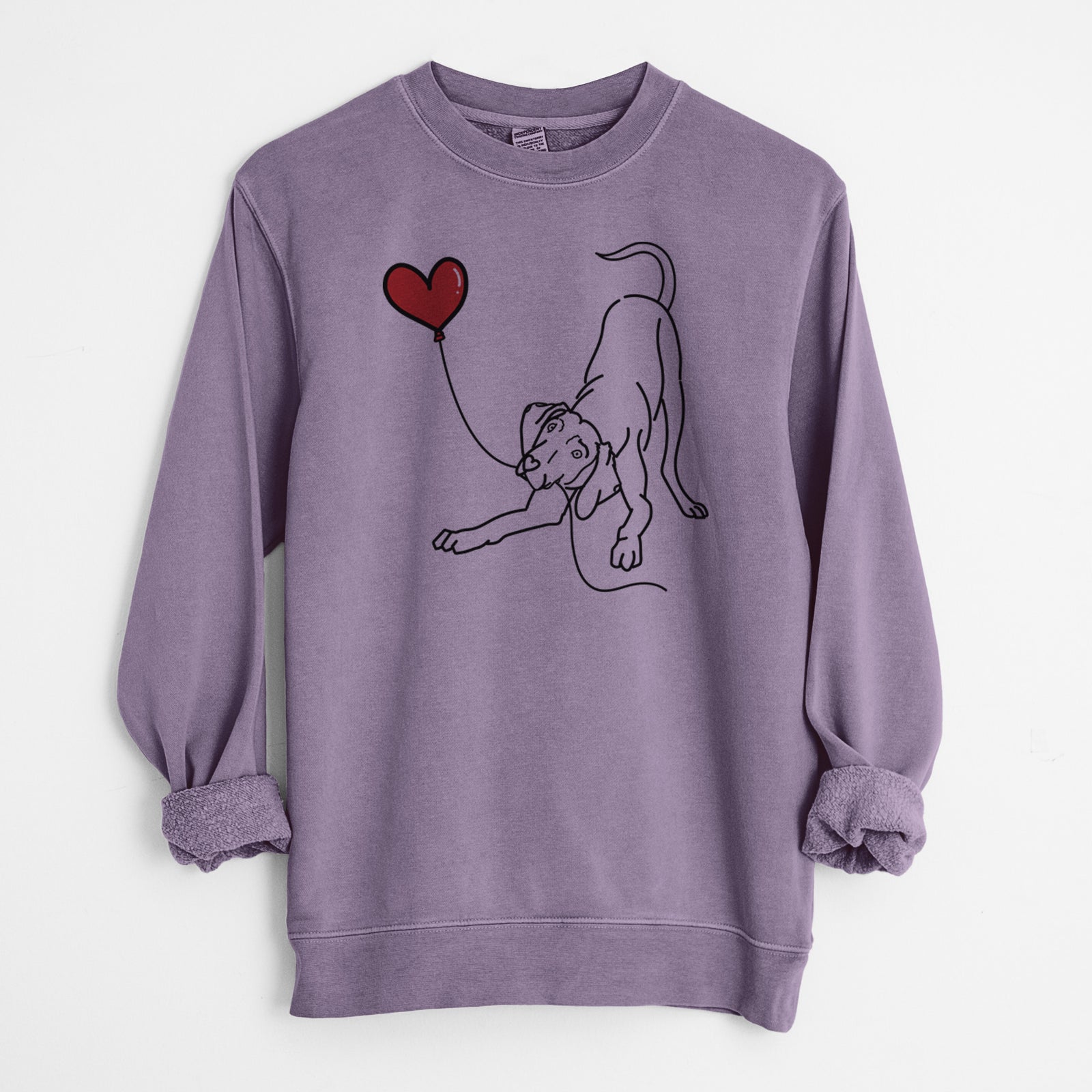 Minimalist line drawing of a Weimaraner Heart String holding a heart balloon on a Plum Unisex pigment dyed crew sweatshirt