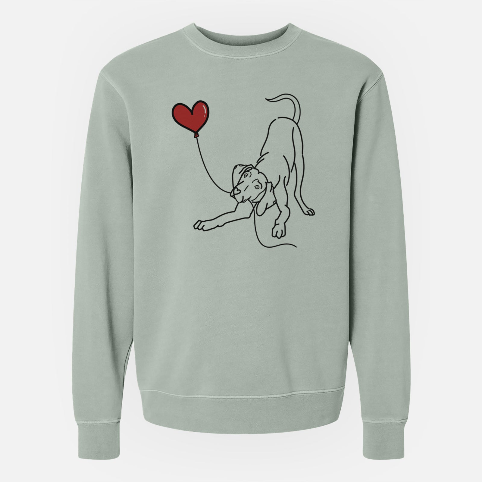 Minimalist line drawing of a Weimaraner Heart String holding a heart balloon on a Sage Unisex pigment dyed crew sweatshirt