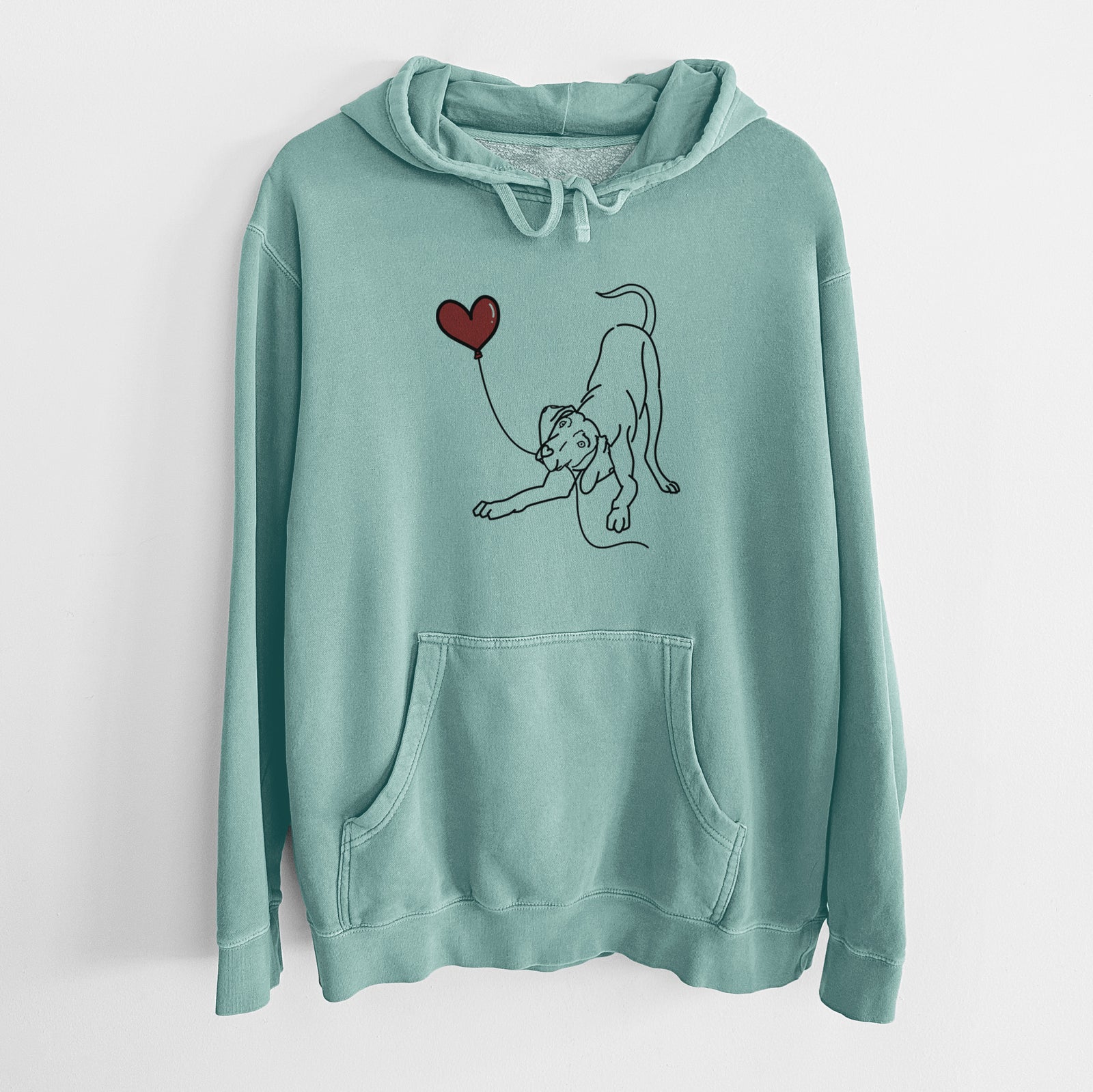 Minimalist line drawing of a Weimaraner Heart String holding a heart balloon on a Mint Unisex pigment dyed hoodie