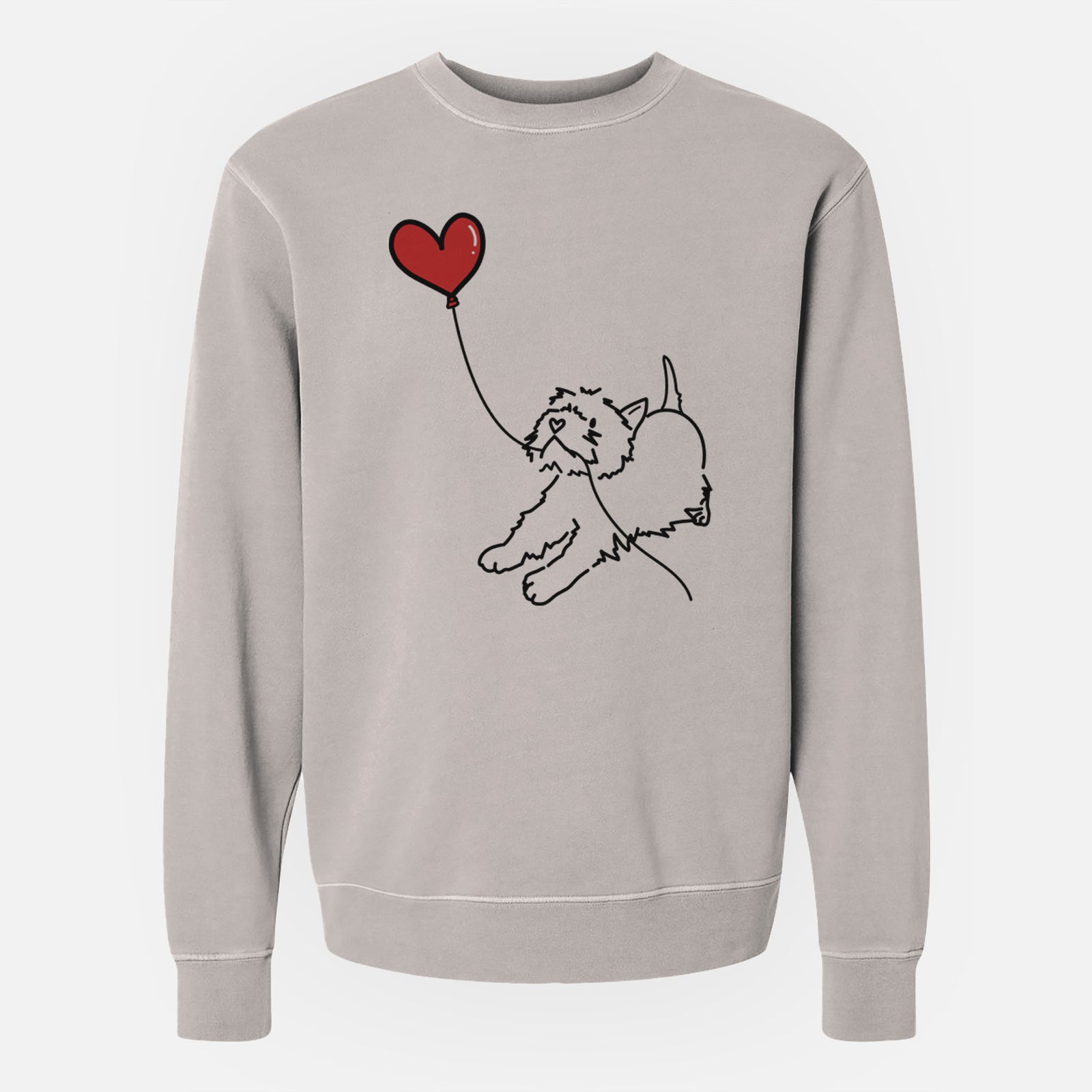 Minimalist line drawing of a West Highland Terrier Heart String holding a heart balloon on a Cement Unisex pigment dyed crew sweatshirt