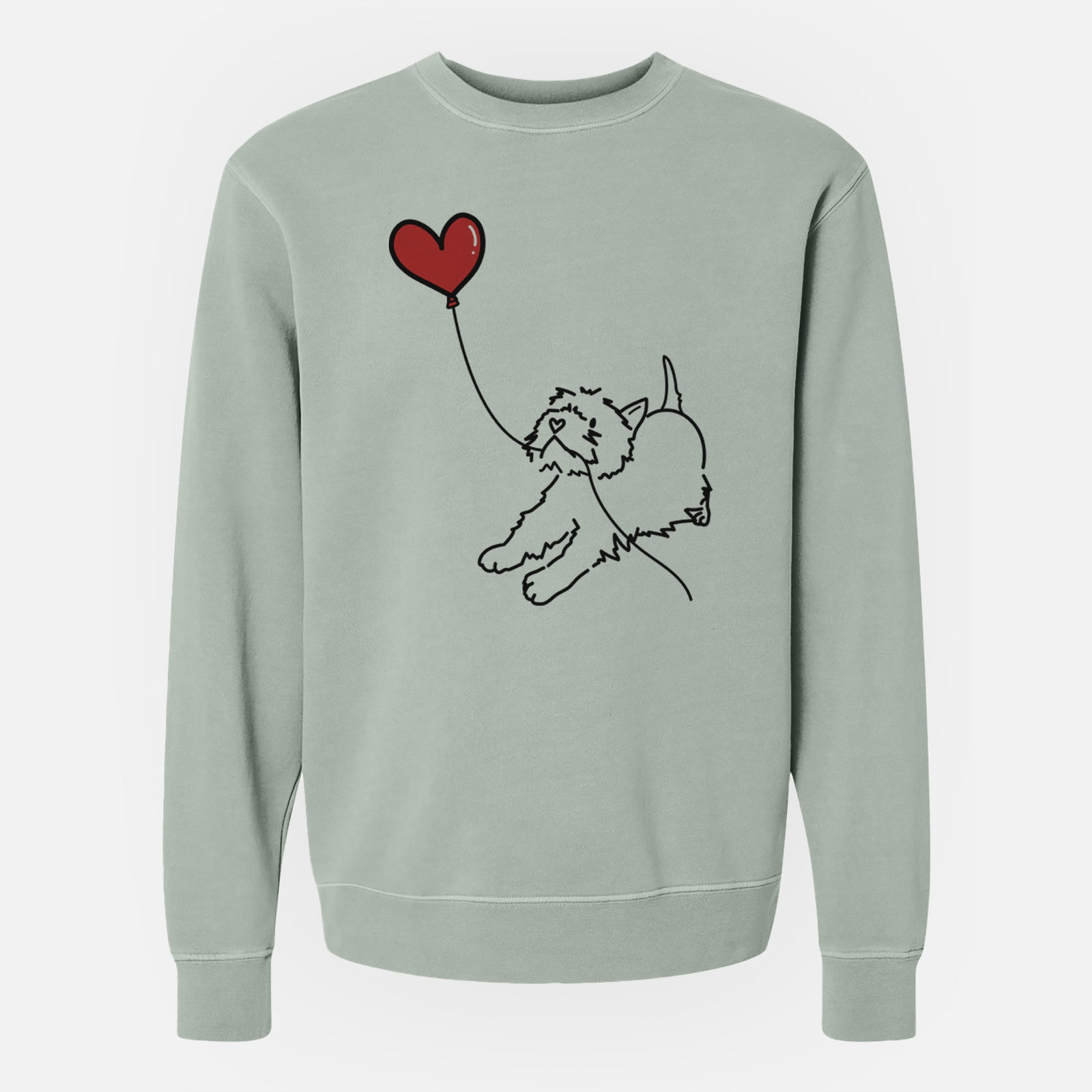 Minimalist line drawing of a West Highland Terrier Heart String holding a heart balloon on a Sage Unisex pigment dyed crew sweatshirt