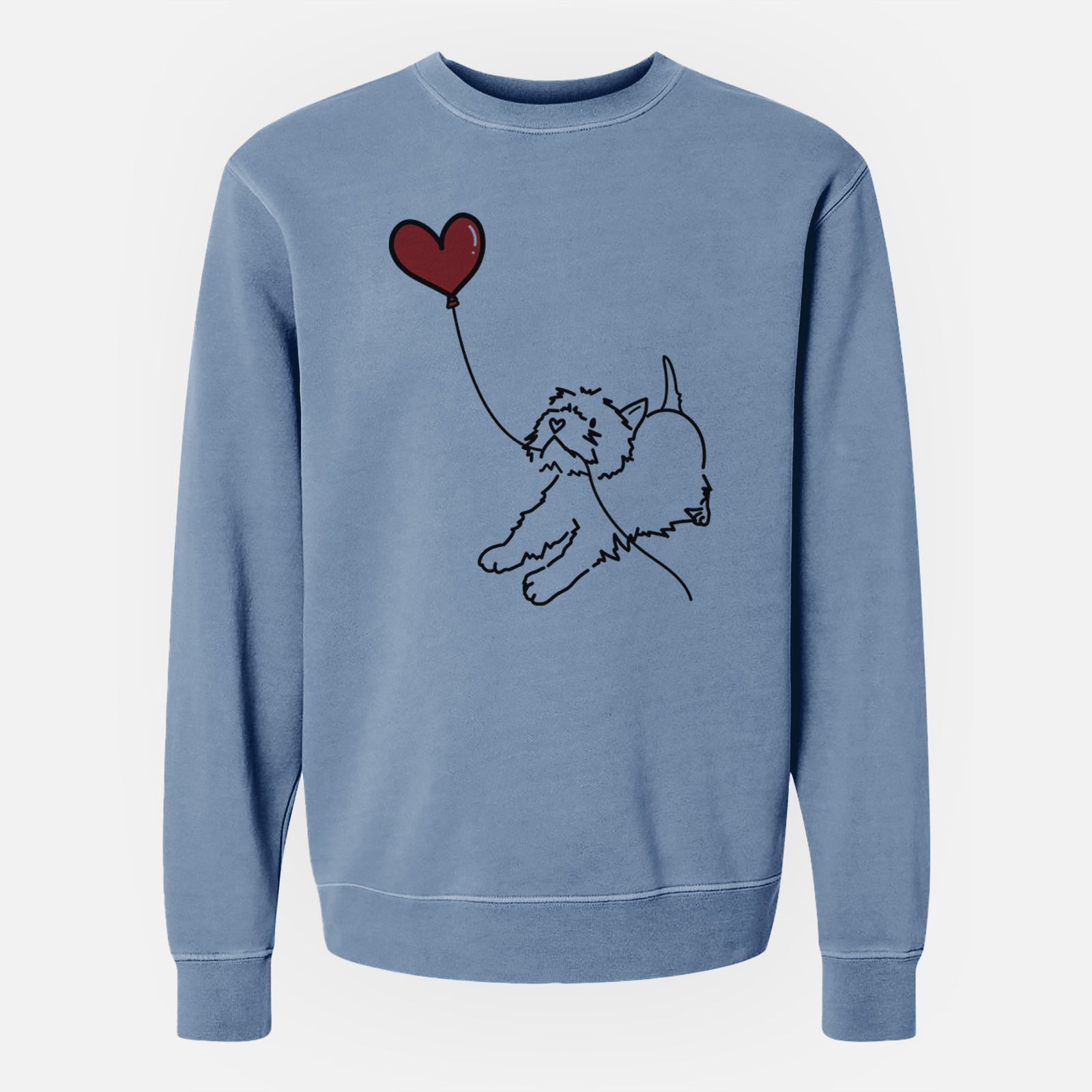 Minimalist line drawing of a West Highland Terrier Heart String holding a heart balloon on a Slate Blue Unisex pigment dyed crew sweatshirt