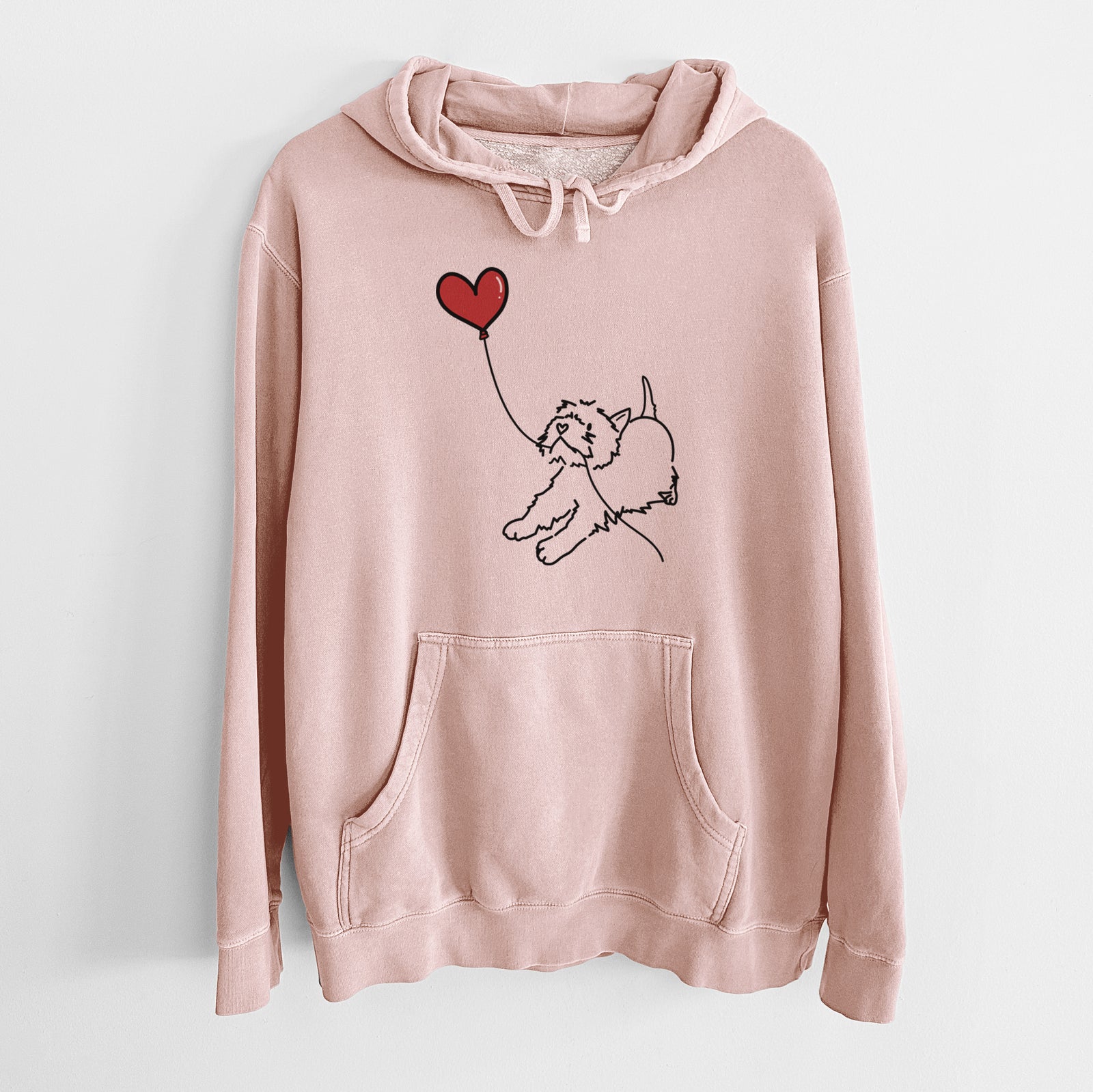 Minimalist line drawing of a West Highland Terrier Heart String holding a heart balloon on a Dusty Pink Unisex pigment dyed hoodie