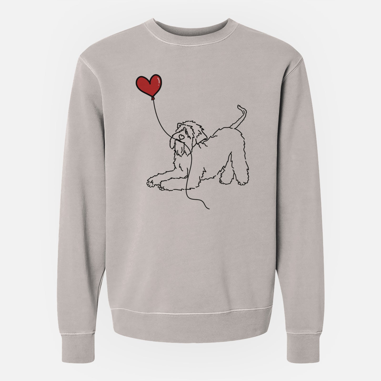 Minimalist line drawing of a Soft-Coated Wheaten Terrier Heart String holding a heart balloon on a Cement Unisex pigment dyed crew sweatshirt