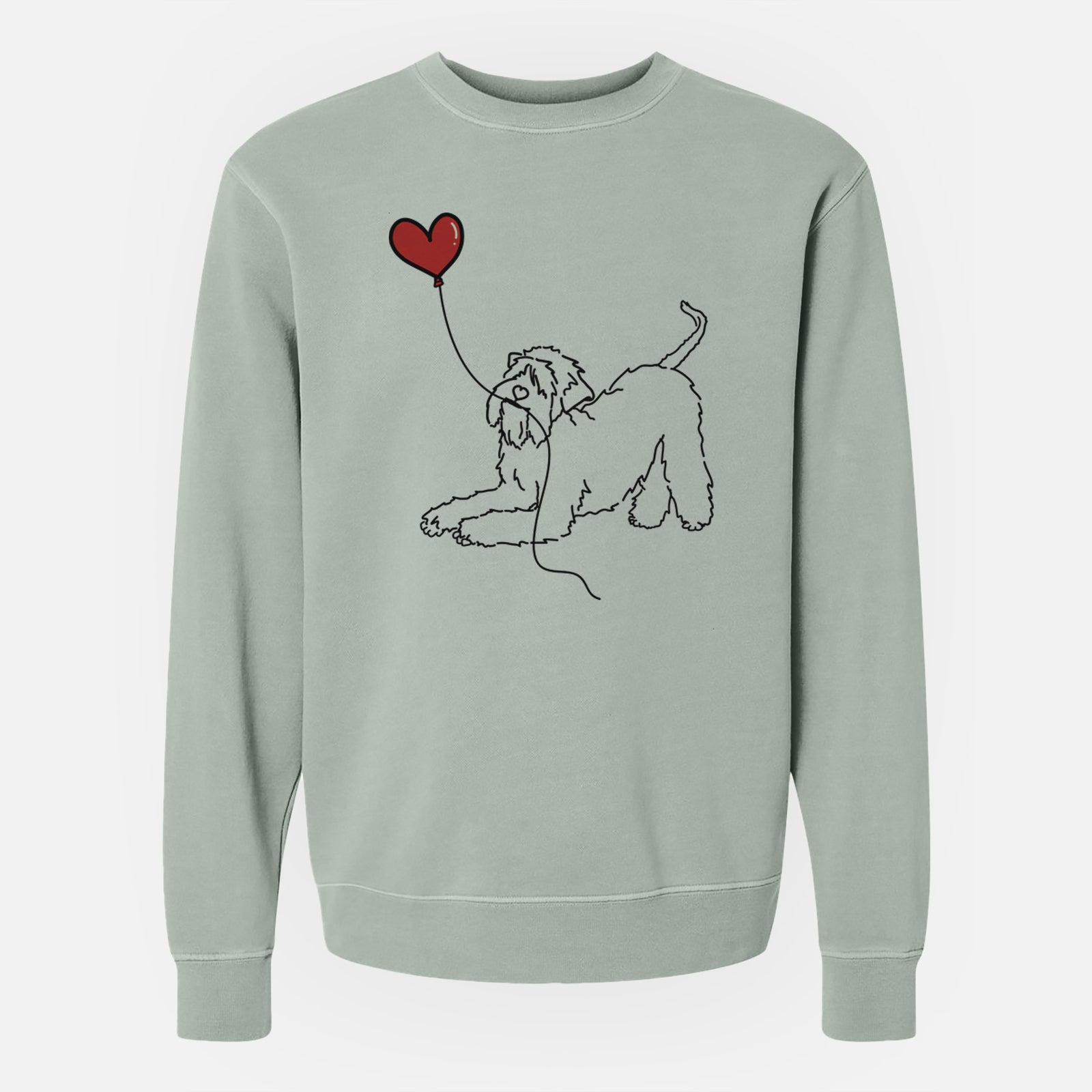 Minimalist line drawing of a Soft-Coated Wheaten Terrier Heart String holding a heart balloon on a Sage Unisex pigment dyed crew sweatshirt