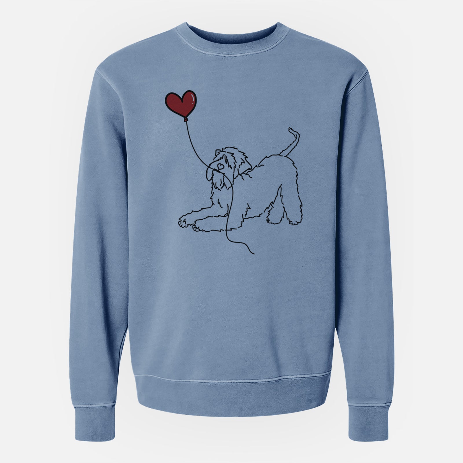 Minimalist line drawing of a Soft-Coated Wheaten Terrier Heart String holding a heart balloon on a Slate Blue Unisex pigment dyed crew sweatshirt