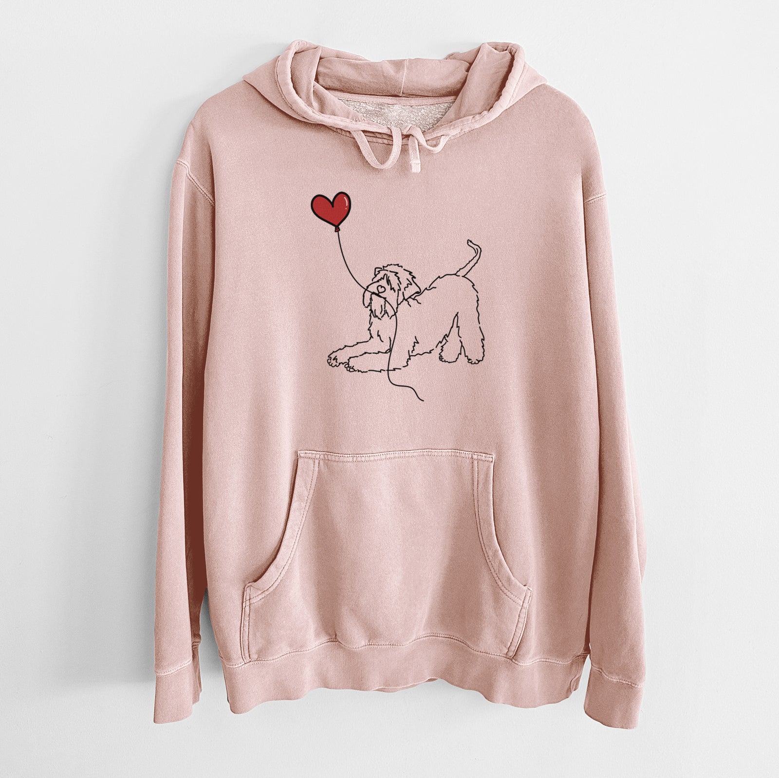 Minimalist line drawing of a Soft-Coated Wheaten Terrier Heart String holding a heart balloon on a Dusty Pink Unisex pigment dyed hoodie