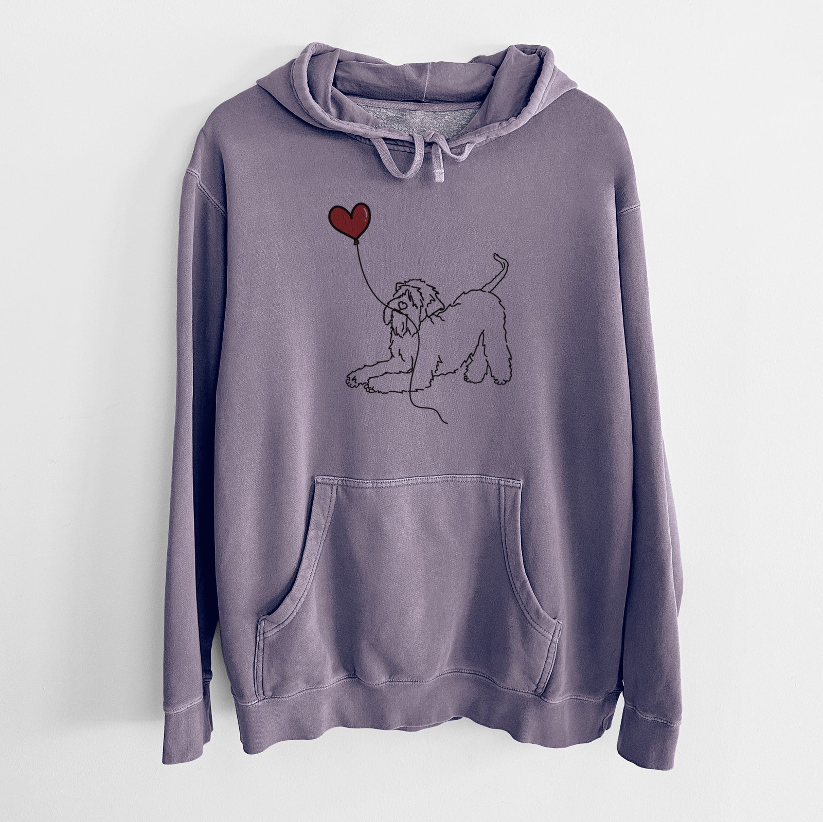 Minimalist line drawing of a Soft-Coated Wheaten Terrier Heart String holding a heart balloon on a Plum Unisex pigment dyed hoodie