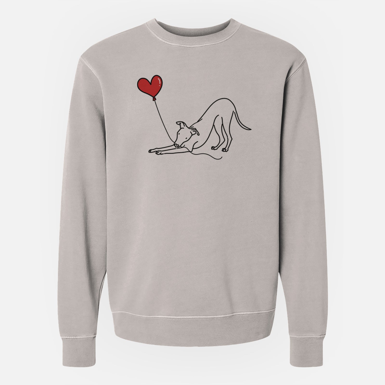Minimalist line drawing of a Whippet Heart String holding a heart balloon on a Cement Unisex pigment dyed crew sweatshirt