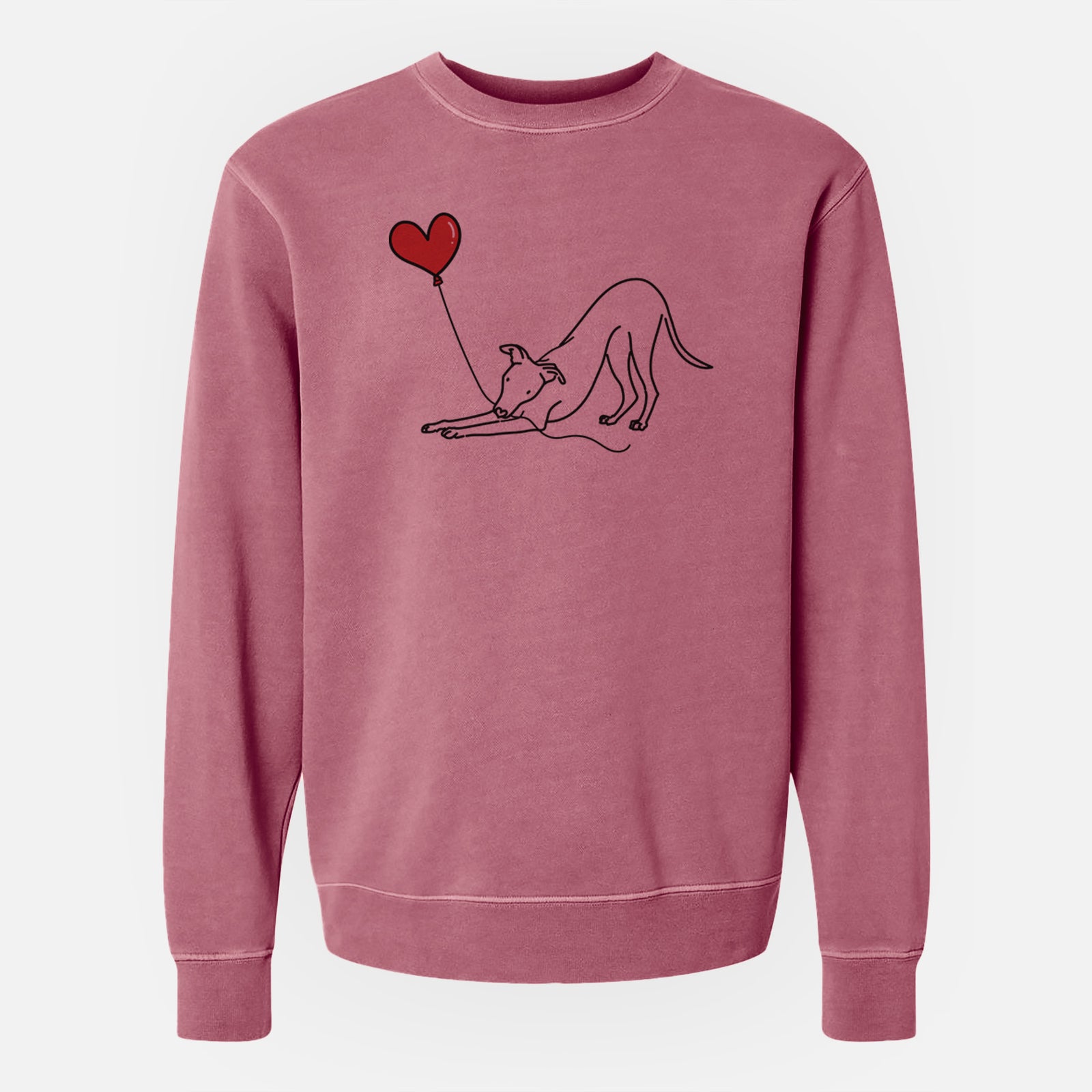 Minimalist line drawing of a Whippet Heart String holding a heart balloon on a Maroon Unisex pigment dyed crew sweatshirt