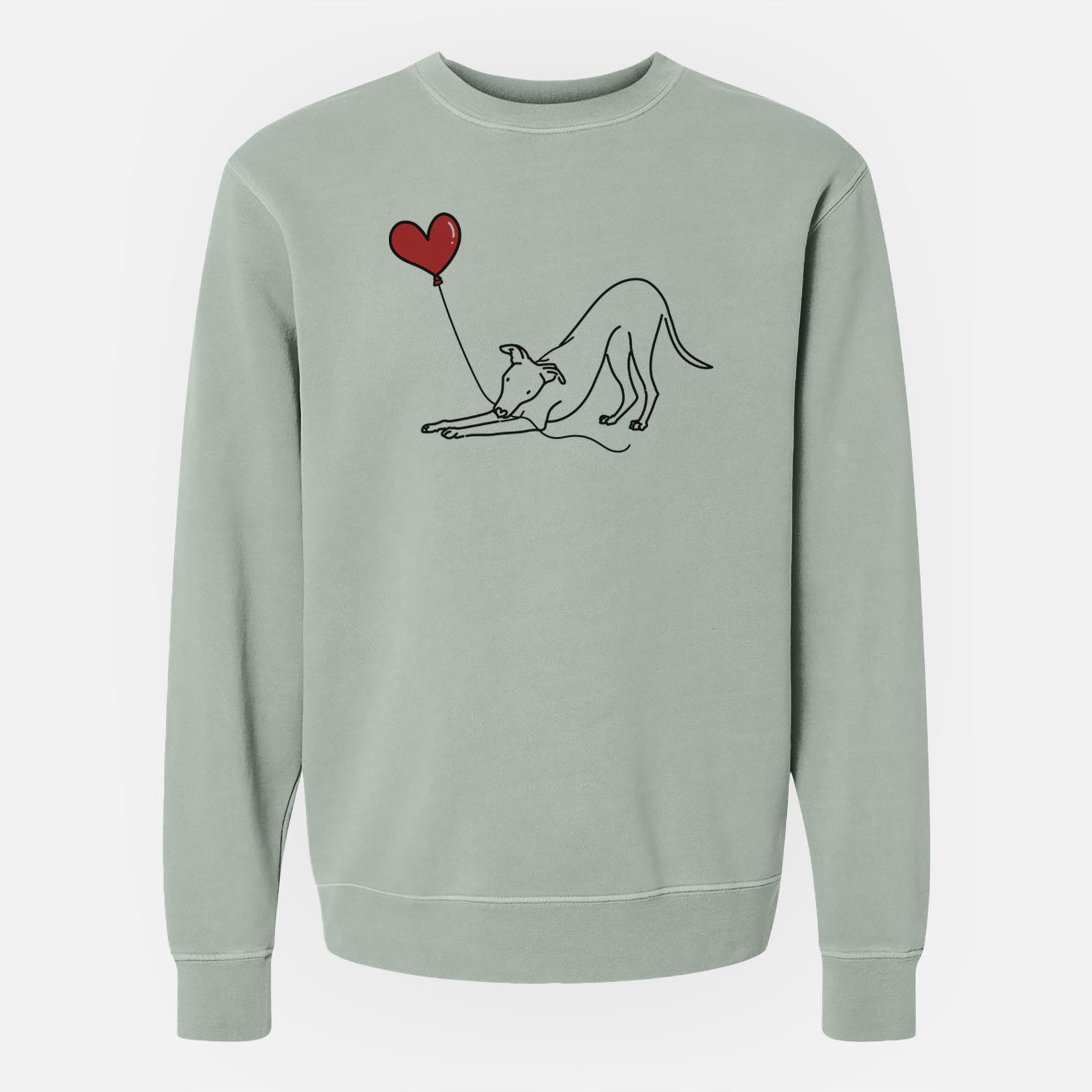 Minimalist line drawing of a Whippet Heart String holding a heart balloon on a Sage Unisex pigment dyed crew sweatshirt
