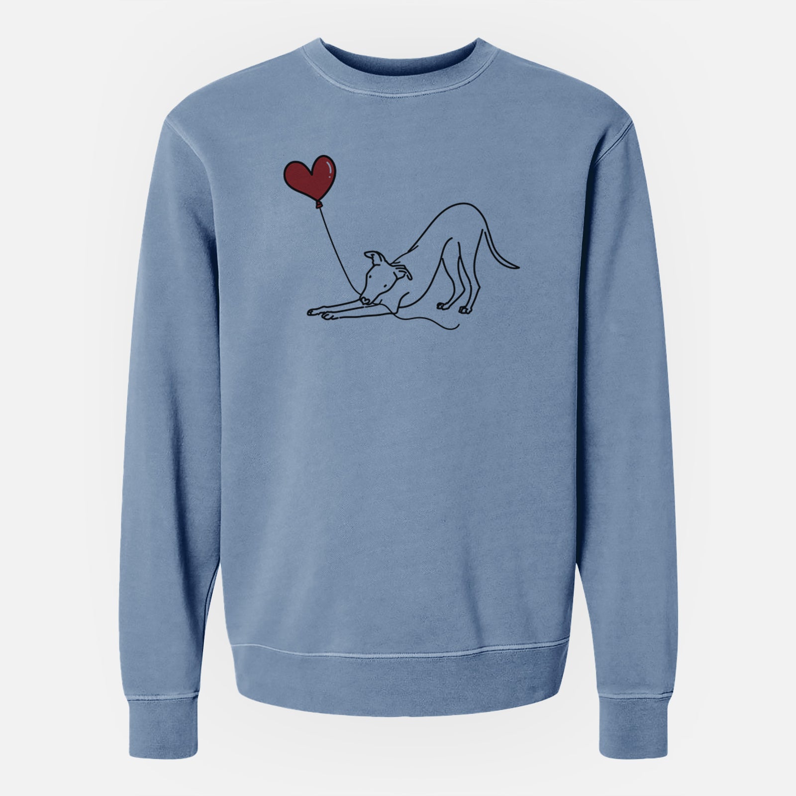 Minimalist line drawing of a Whippet Heart String holding a heart balloon on a Slate Blue Unisex pigment dyed crew sweatshirt