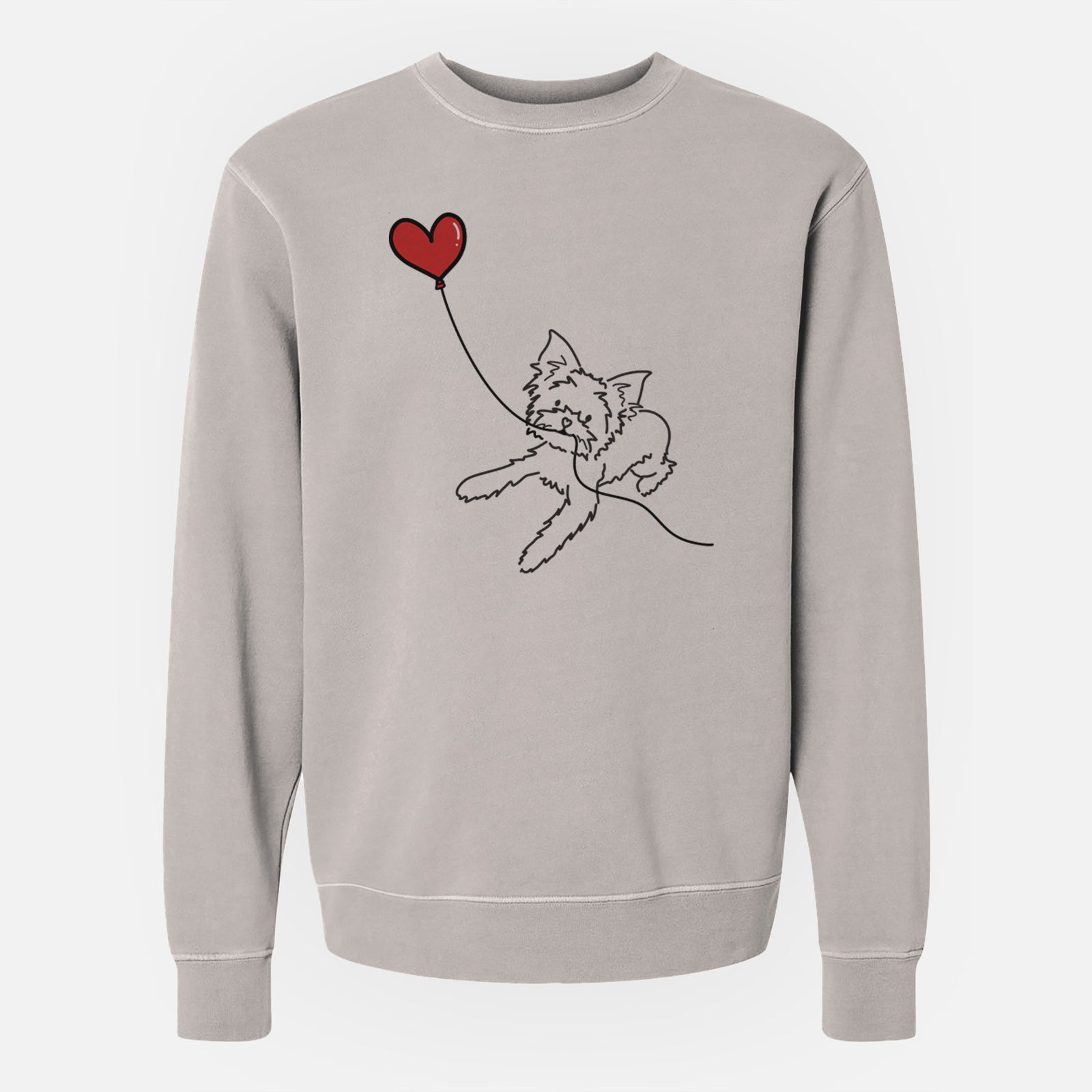 Minimalist line drawing of a Yorkshire Terrier Heart String holding a heart balloon on a Cement Unisex pigment dyed crew sweatshirt