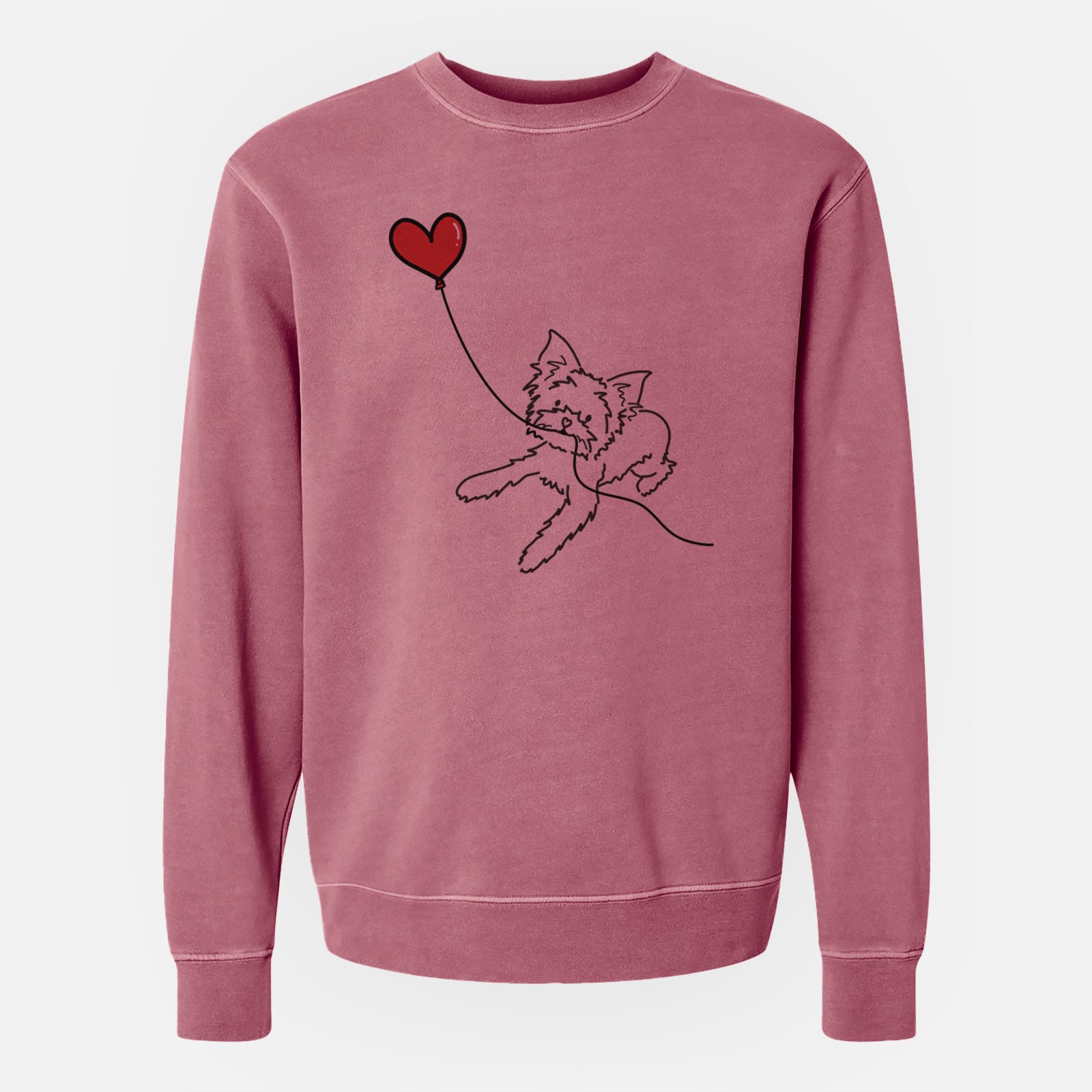 Minimalist line drawing of a Yorkshire Terrier Heart String holding a heart balloon on a Maroon Unisex pigment dyed crew sweatshirt