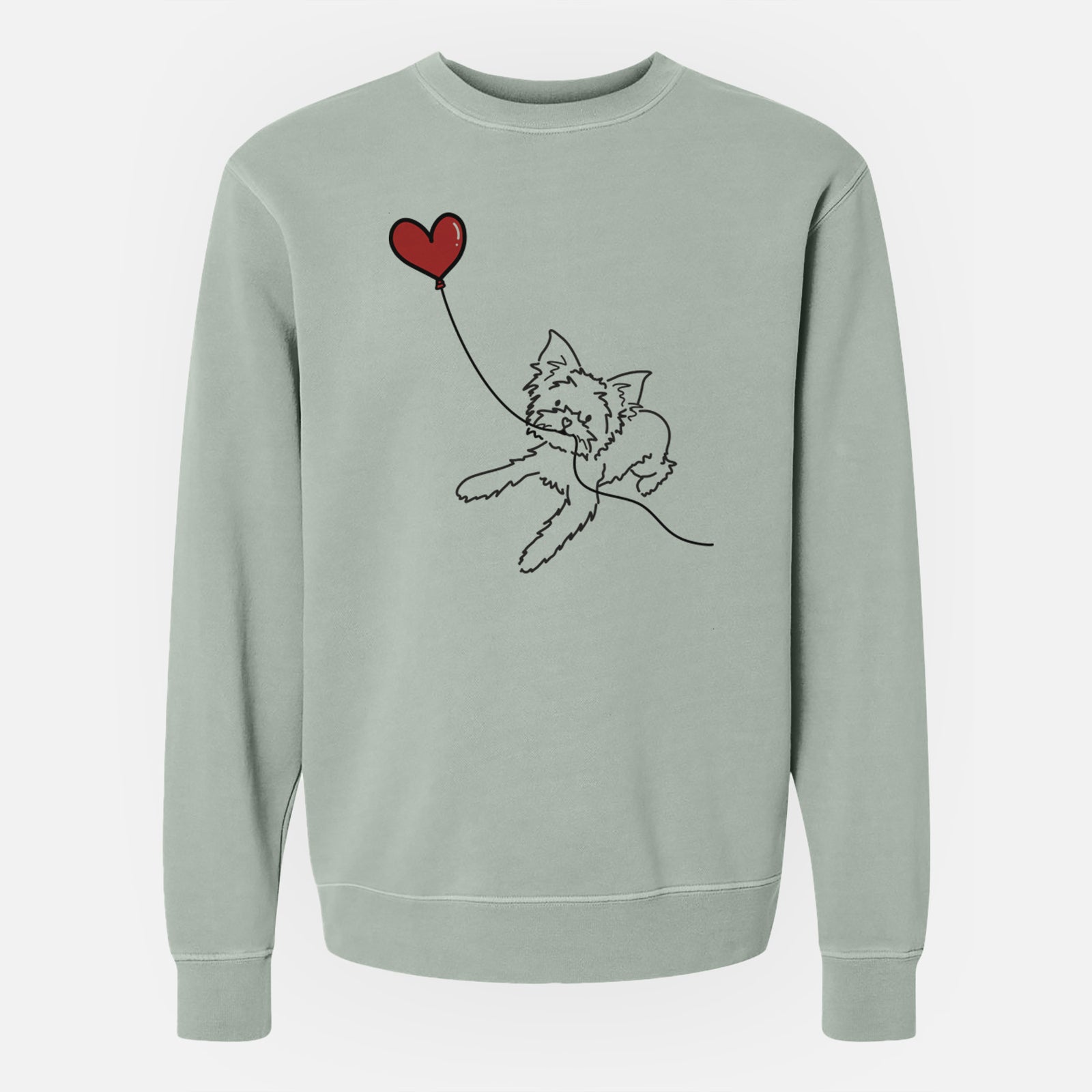 Minimalist line drawing of a Yorkshire Terrier Heart String holding a heart balloon on a Sage Unisex pigment dyed crew sweatshirt