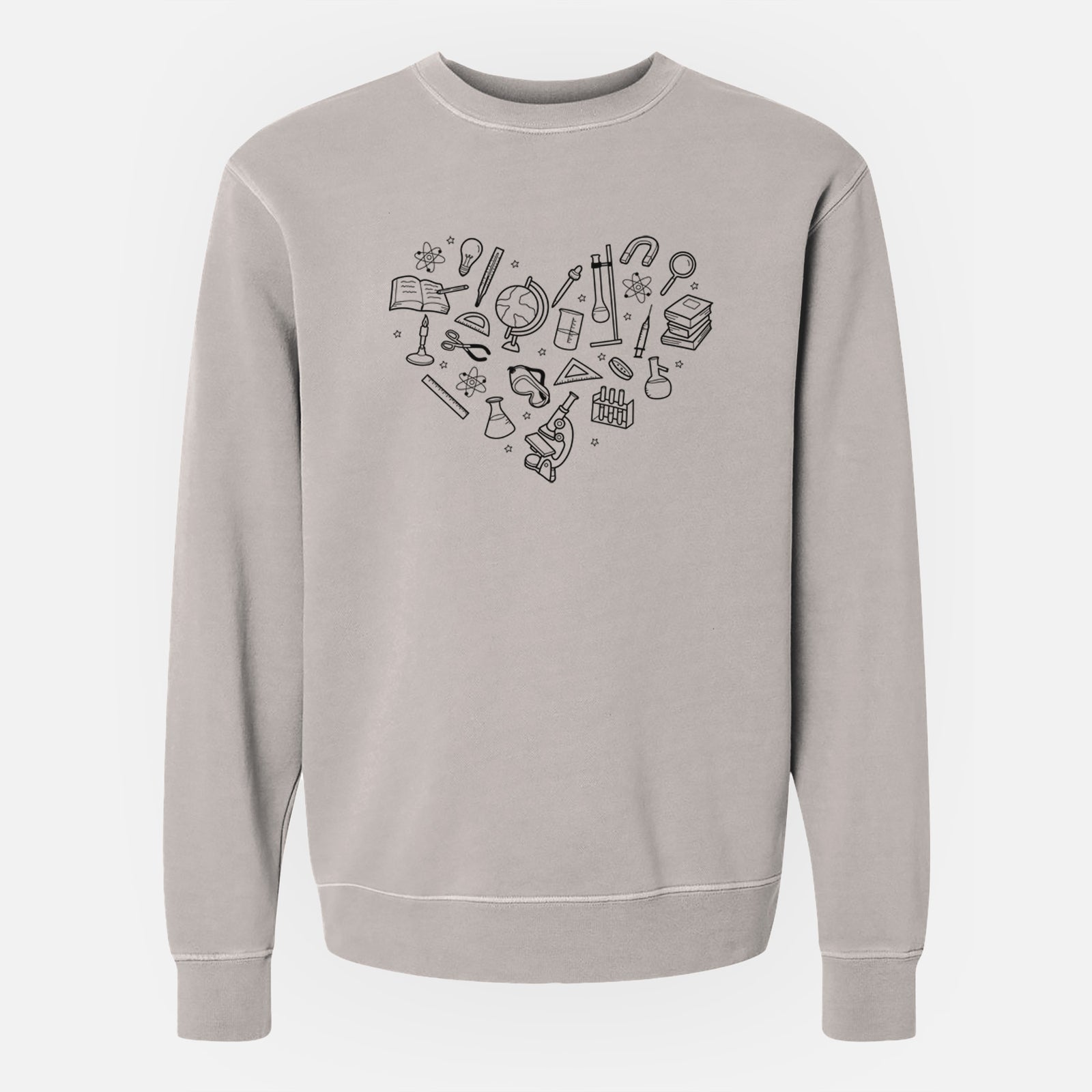 'Heart Full of Science' design on a Cement Unisex pigment dyed crew sweatshirt