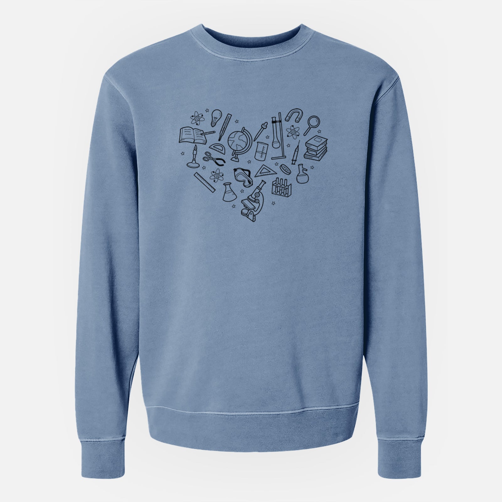'Heart Full of Science' design on a Slate Blue Unisex pigment dyed crew sweatshirt