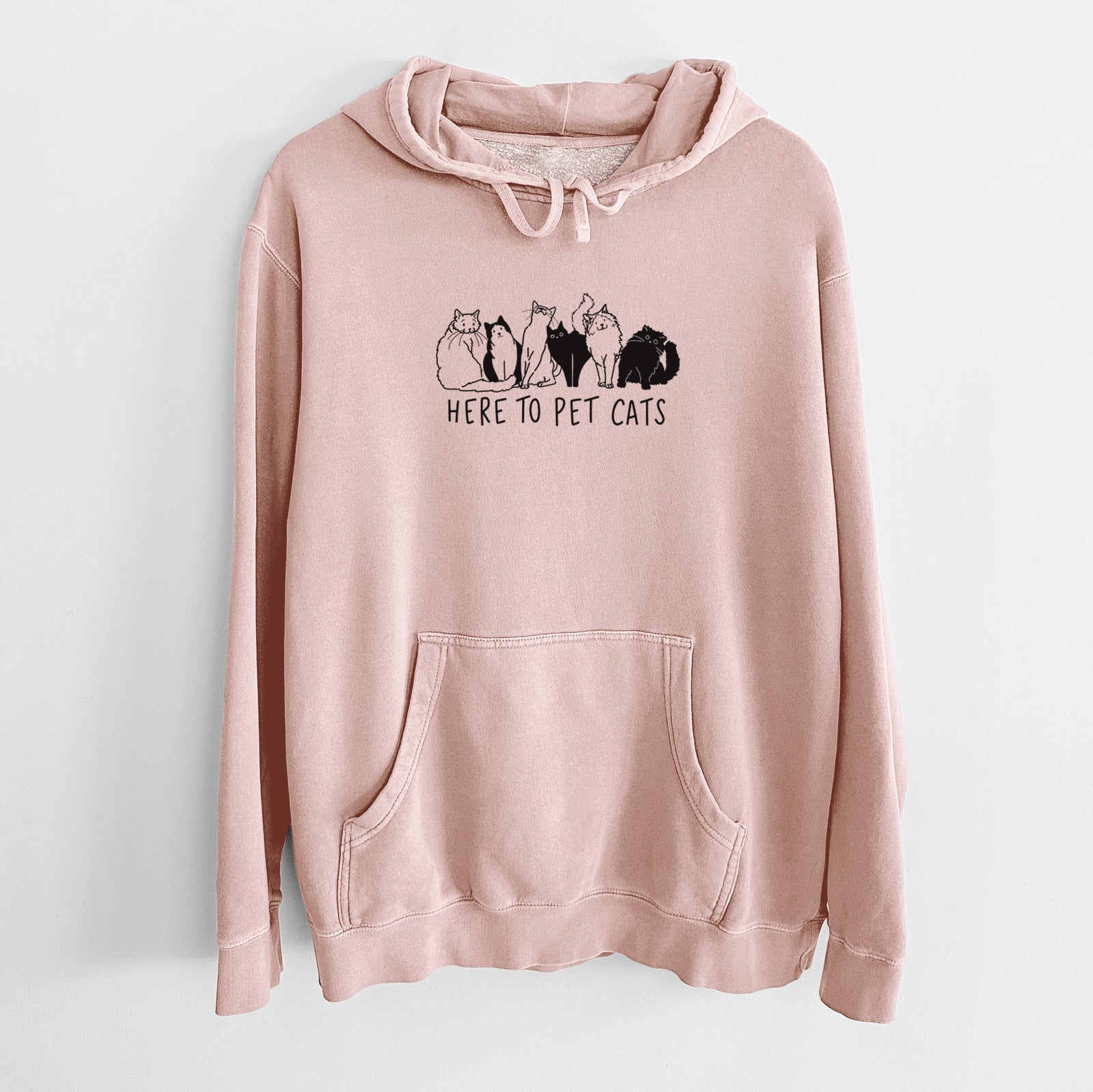 'Here to Pet Cats' design on a Dusty Pink Unisex pigment dyed hoodie