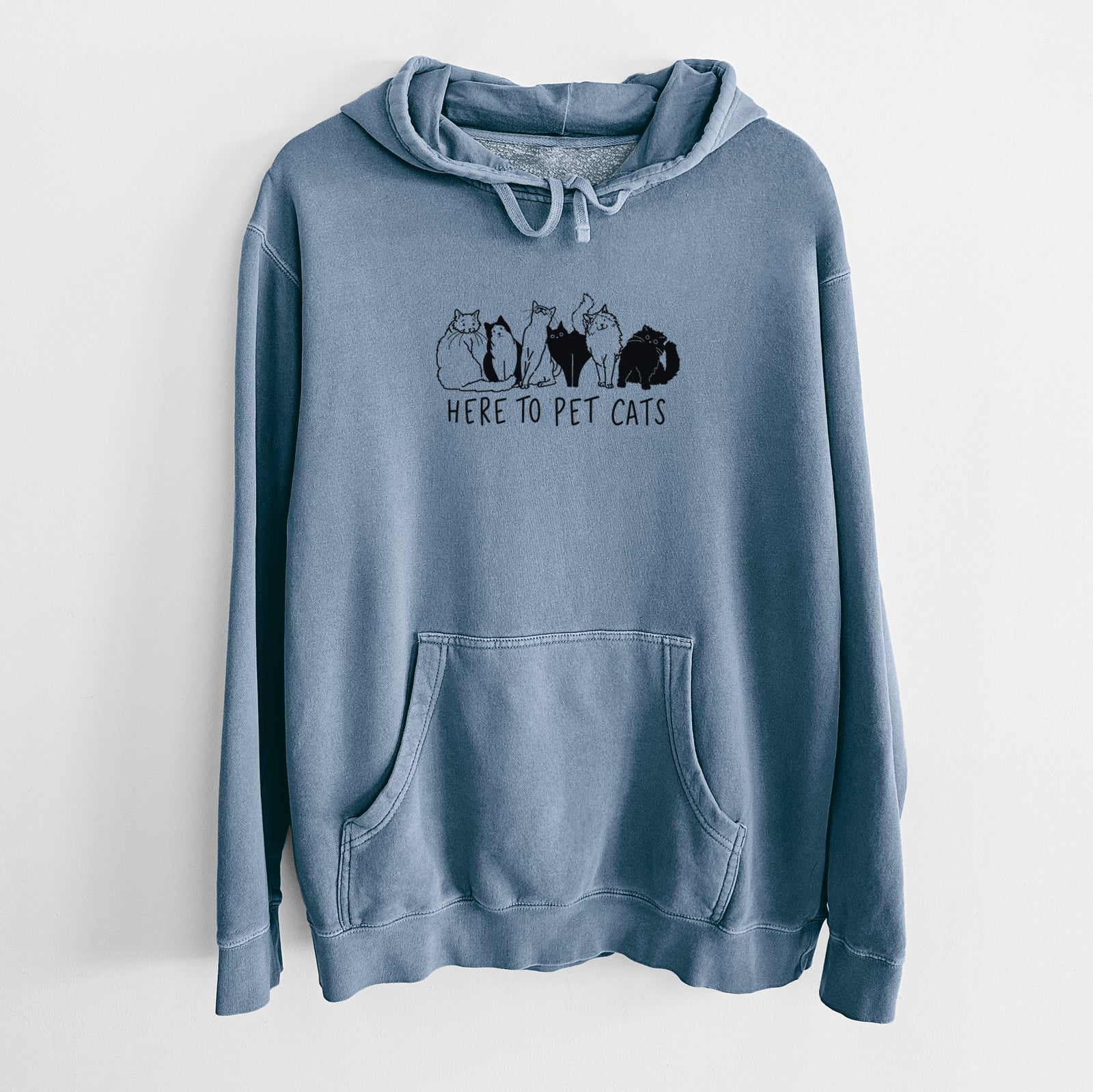 'Here to Pet Cats' design on a Slate Blue Unisex pigment dyed hoodie