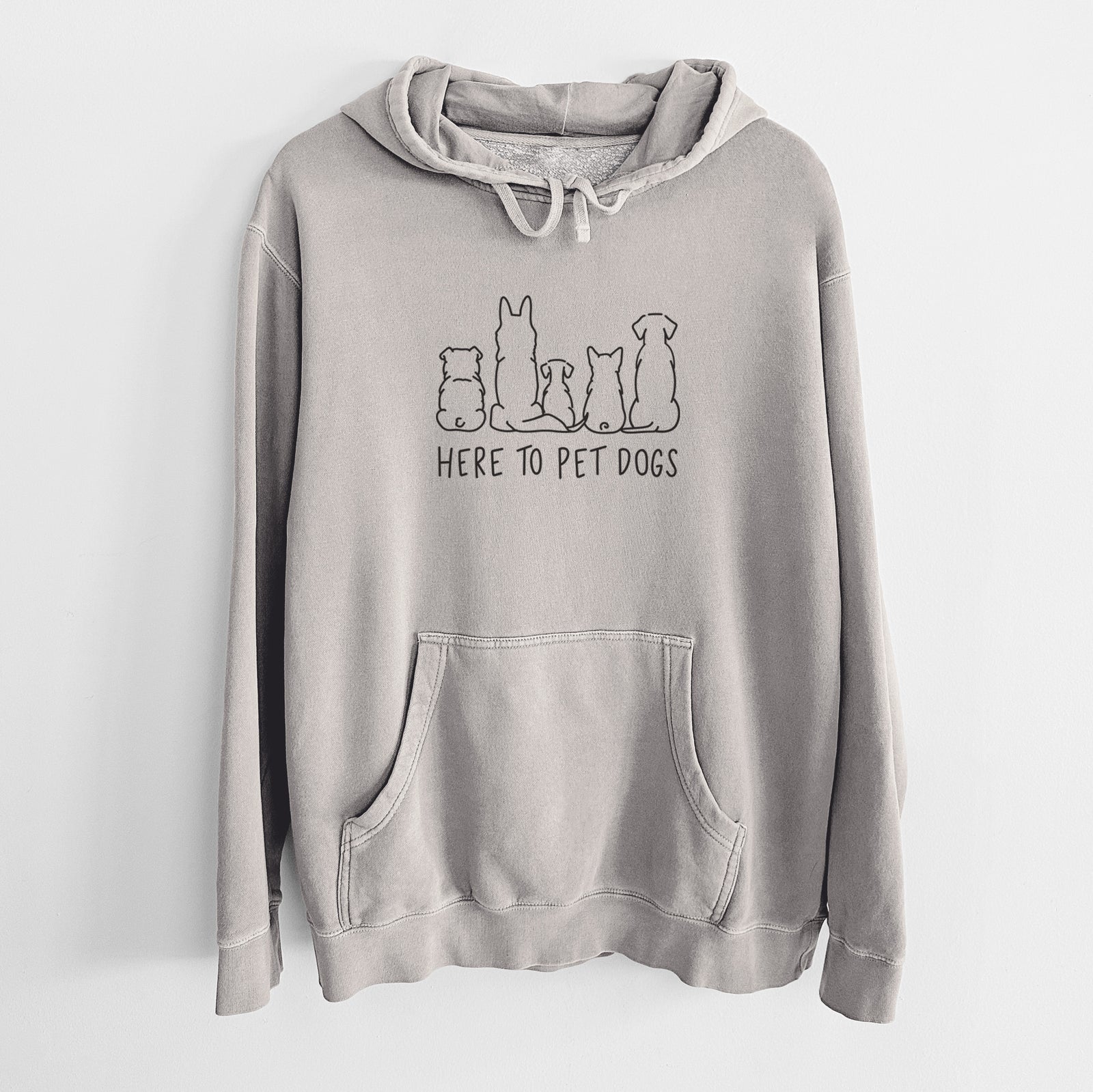 'Here To Pet Dogs' design on a Cement Unisex pigment dyed hoodie