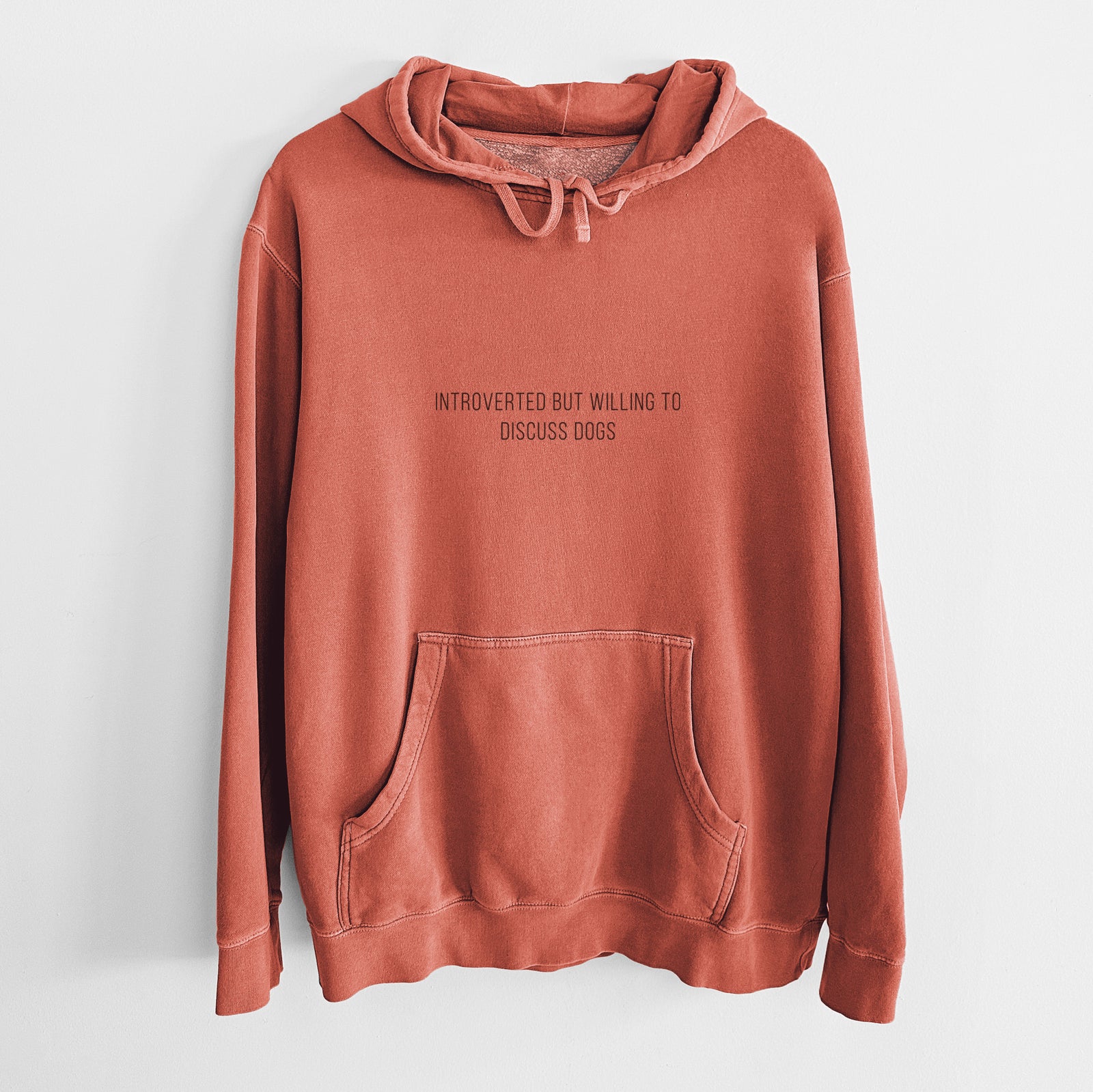 'Introverted but Willing to Discuss Dogs' design on an Amber Unisex pigment dyed hoodie