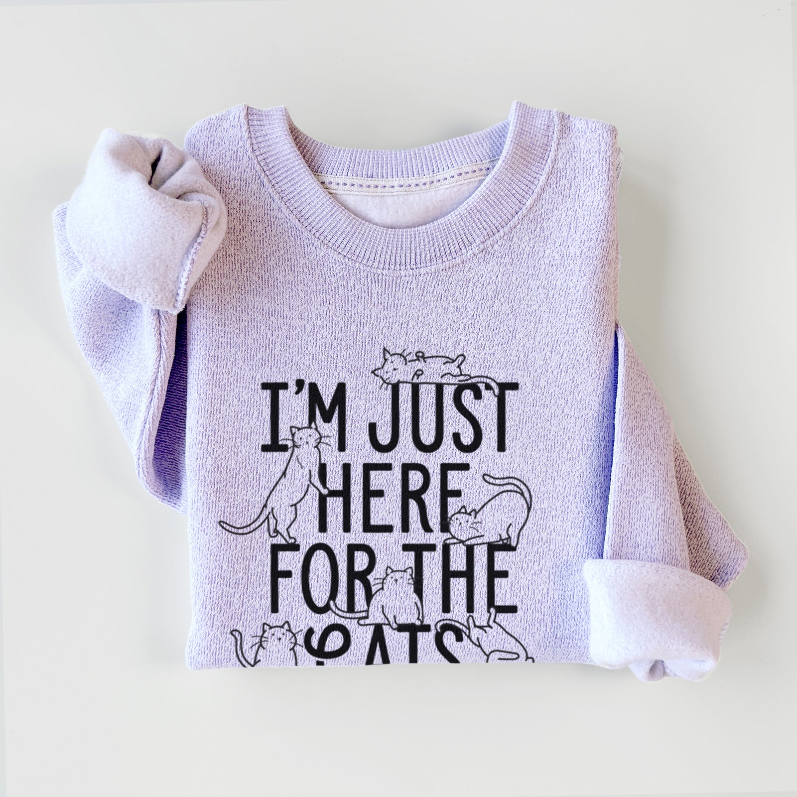 'I'm Just Here For The Cats' design on an Ice Purple knit sweatshirt