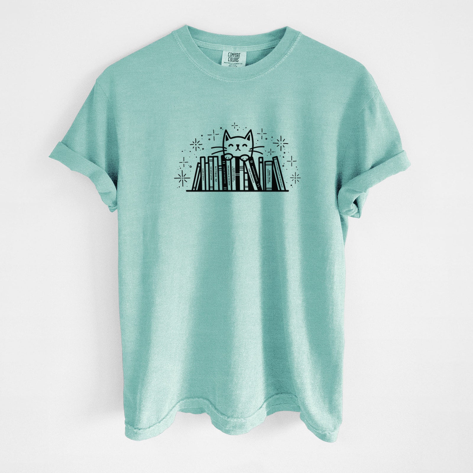 Kitty Library - Feline Behind Books - Unisex Comfort Colors Garment-Dyed Heavyweight T-shirt in Chalky Mint